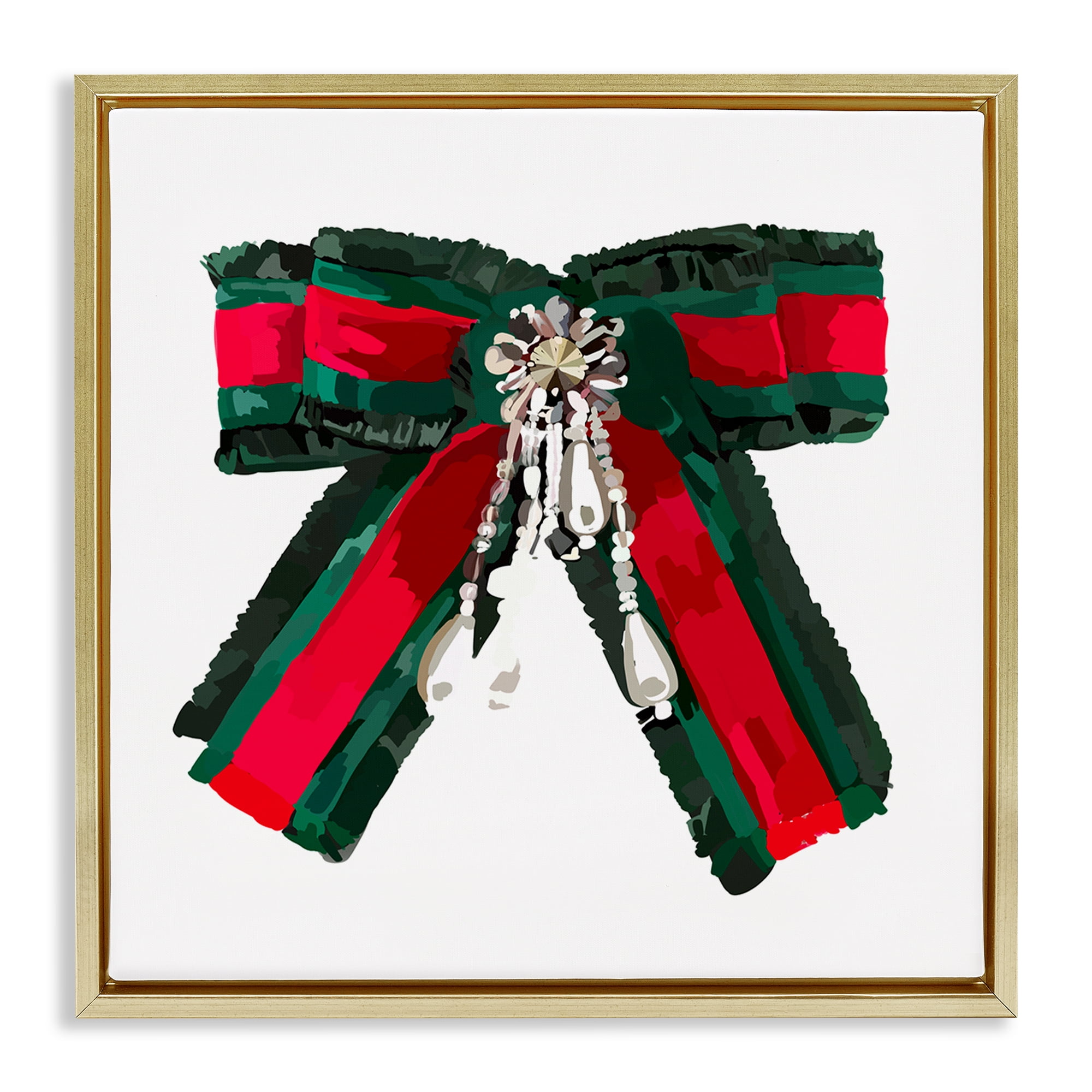 Stupell Industries Green & Red Bow Fashion Painting Gold Floater Framed Canvas Art Print Wall Art, 25 x 25