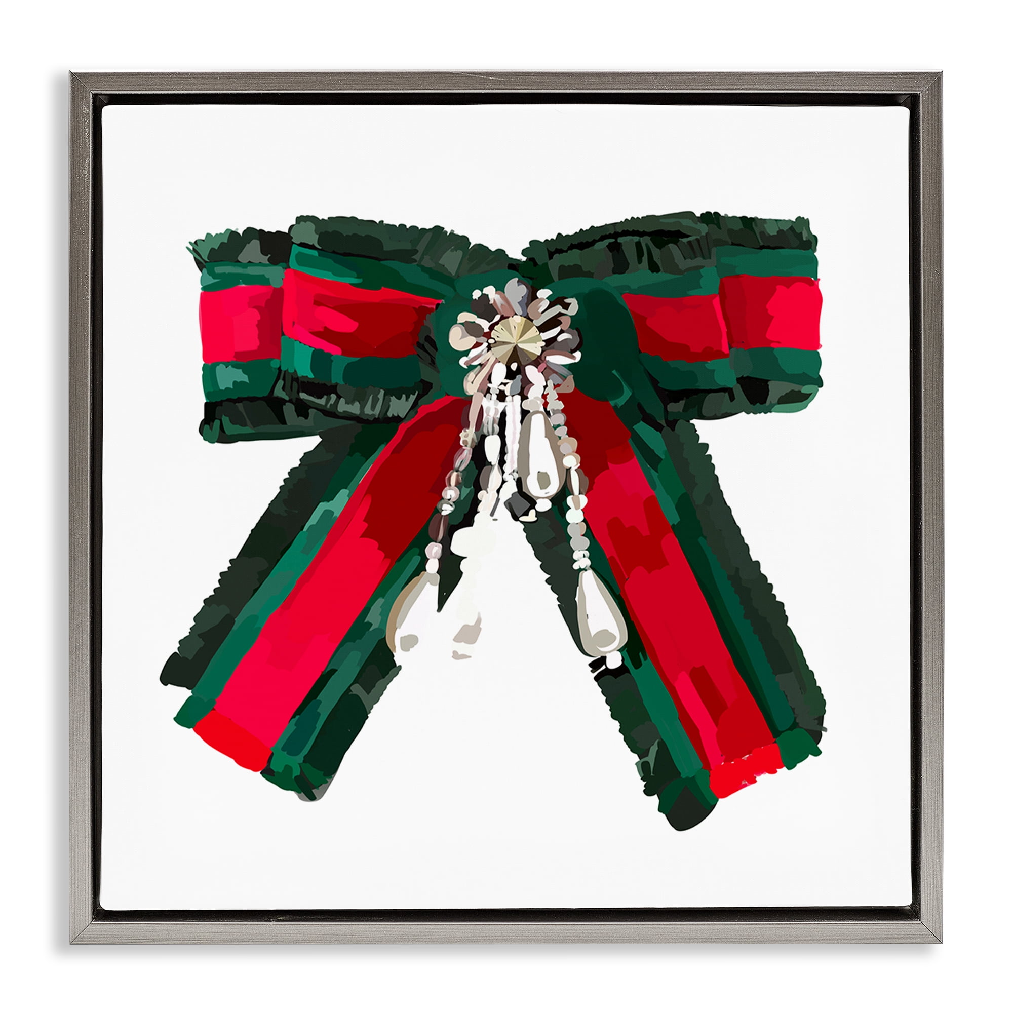 Stupell Industries Green & Red Bow Fashion Painting Gray Floater Framed Canvas Art Print Wall Art, 25 x 25
