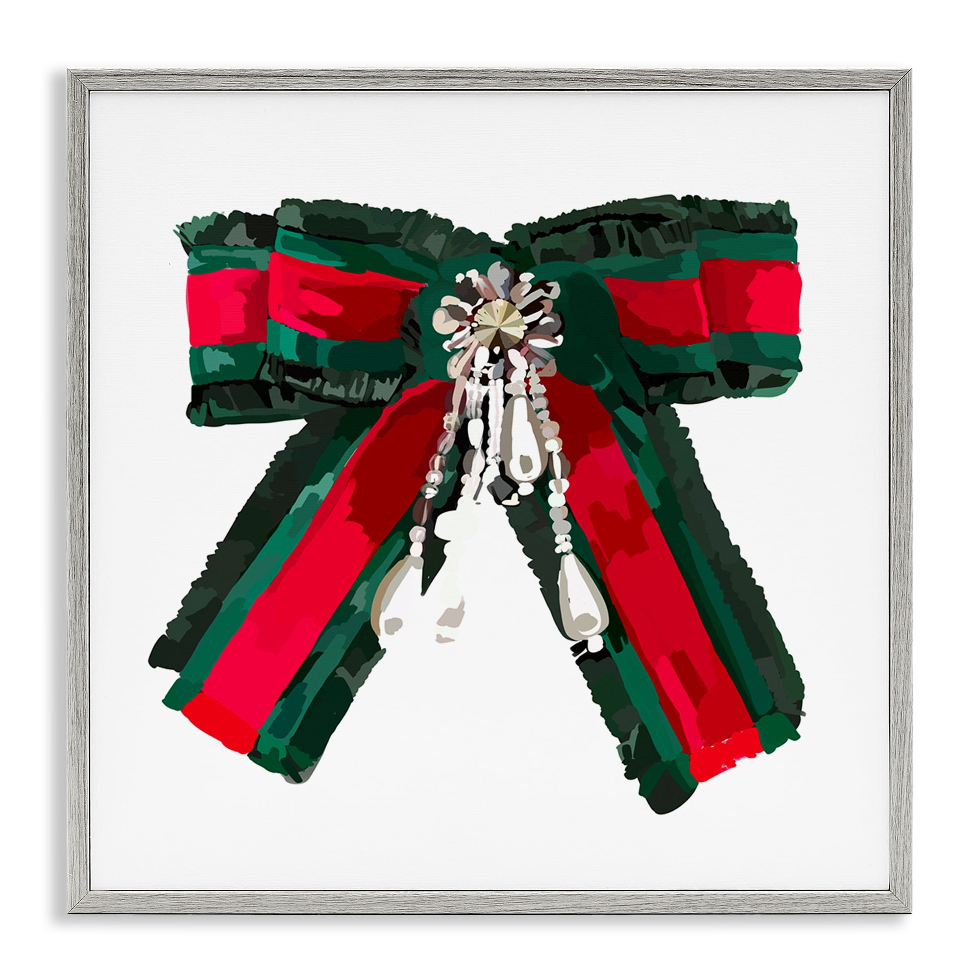 Stupell Industries Green & Red Bow Fashion Painting Gray Framed Art Print Wall Art, 12 x 12