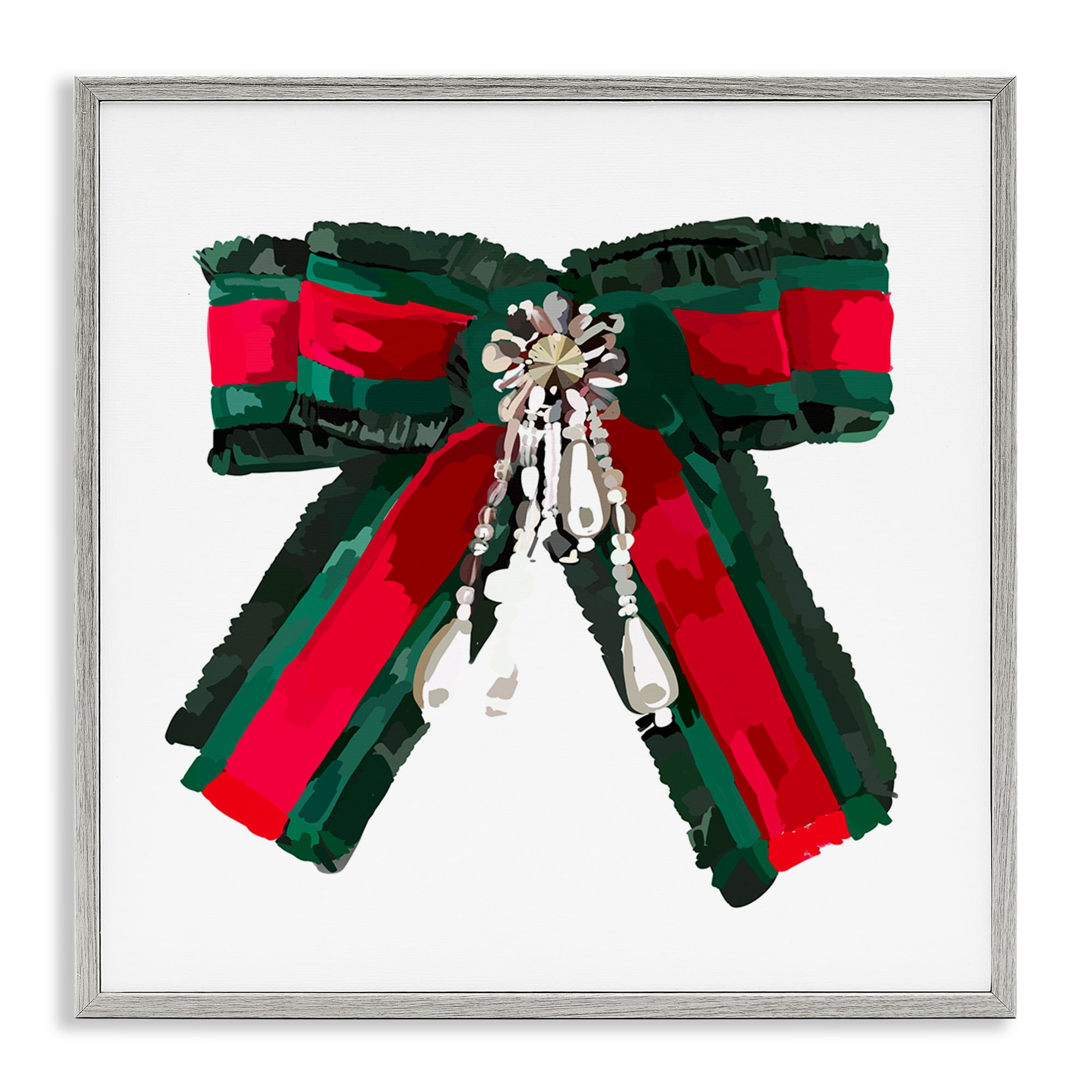 Stupell Industries Green & Red Bow Fashion Painting Gray Framed Art Print Wall Art, 24 x 24