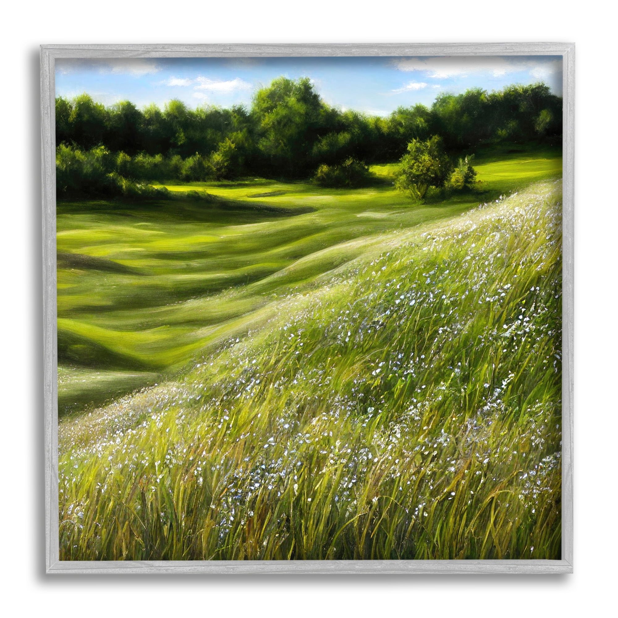 Stupell Industries Green Rolling Hills Landscape Painting Gray Framed Art Print Wall Art, 12 x 12