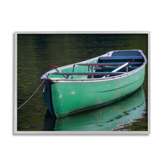 Stupell Industries Green Rowboat Canoe Floating Lake Dock Photography Photograph Gray Framed Art Print Wall Art, Design by Daphne Polselli