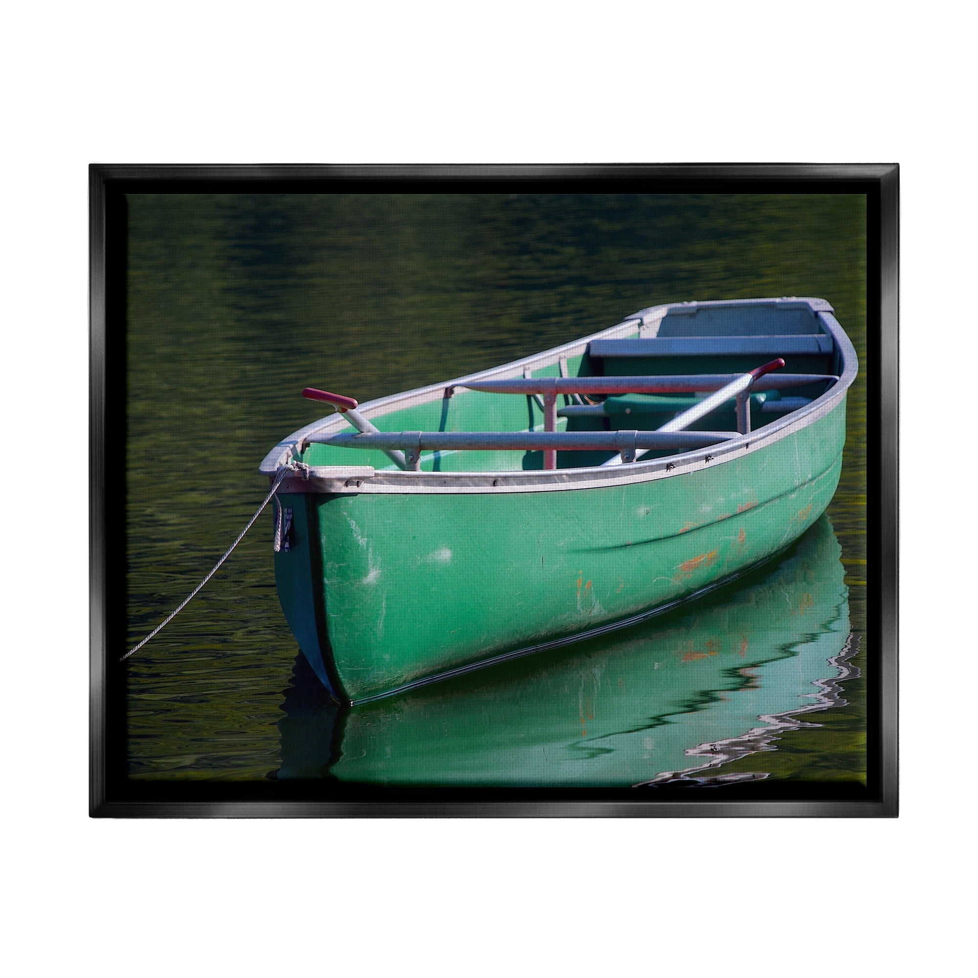 Stupell Industries Green Rowboat Canoe Floating Lake Dock Photography Photograph Jet Black Floating Framed Canvas Print Wall Art, Design by Daphne Polselli
