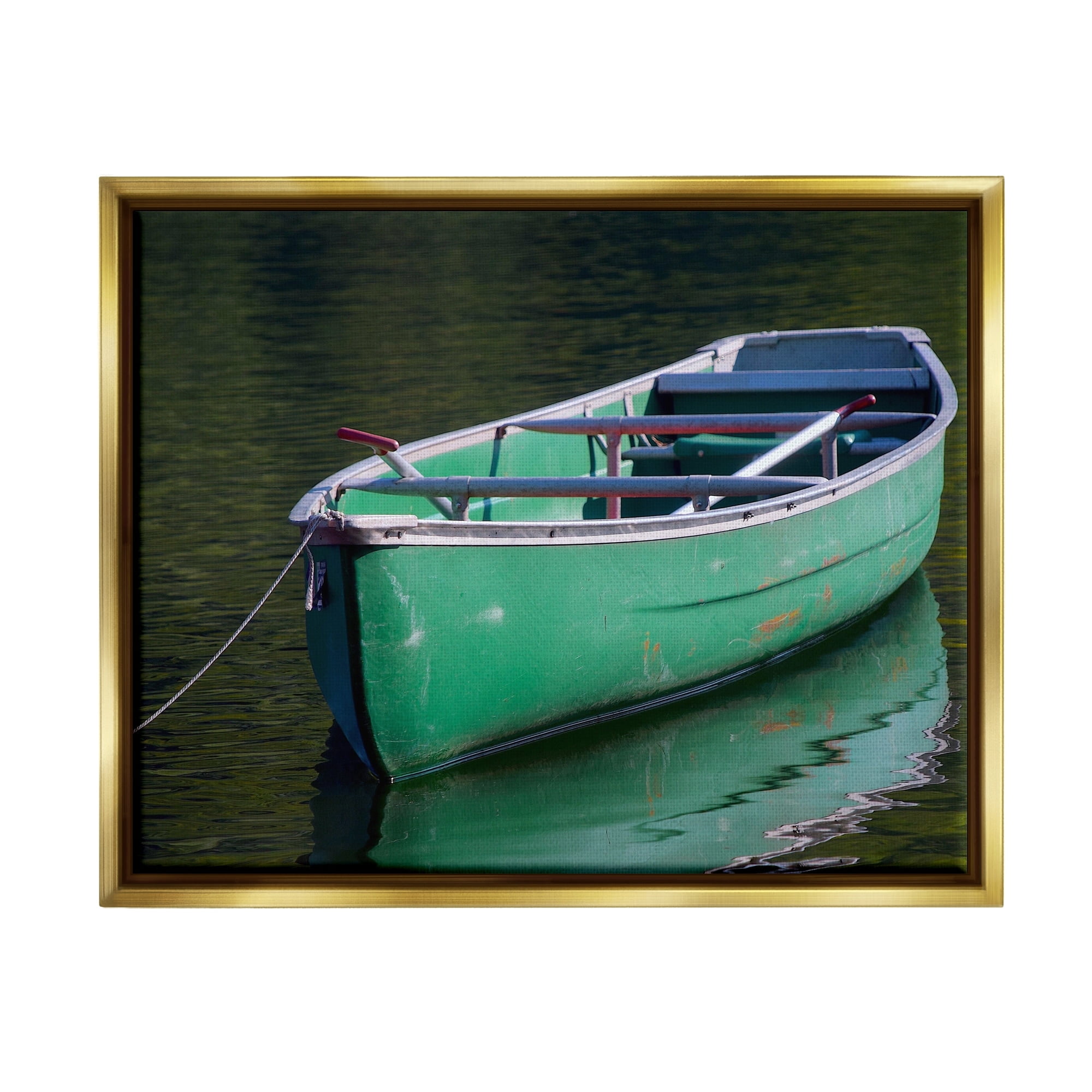 Stupell Industries Green Rowboat Canoe Floating Lake Dock Photography Photograph Metallic Gold Floating Framed Canvas Print Wall Art, Design by Daphne Polselli