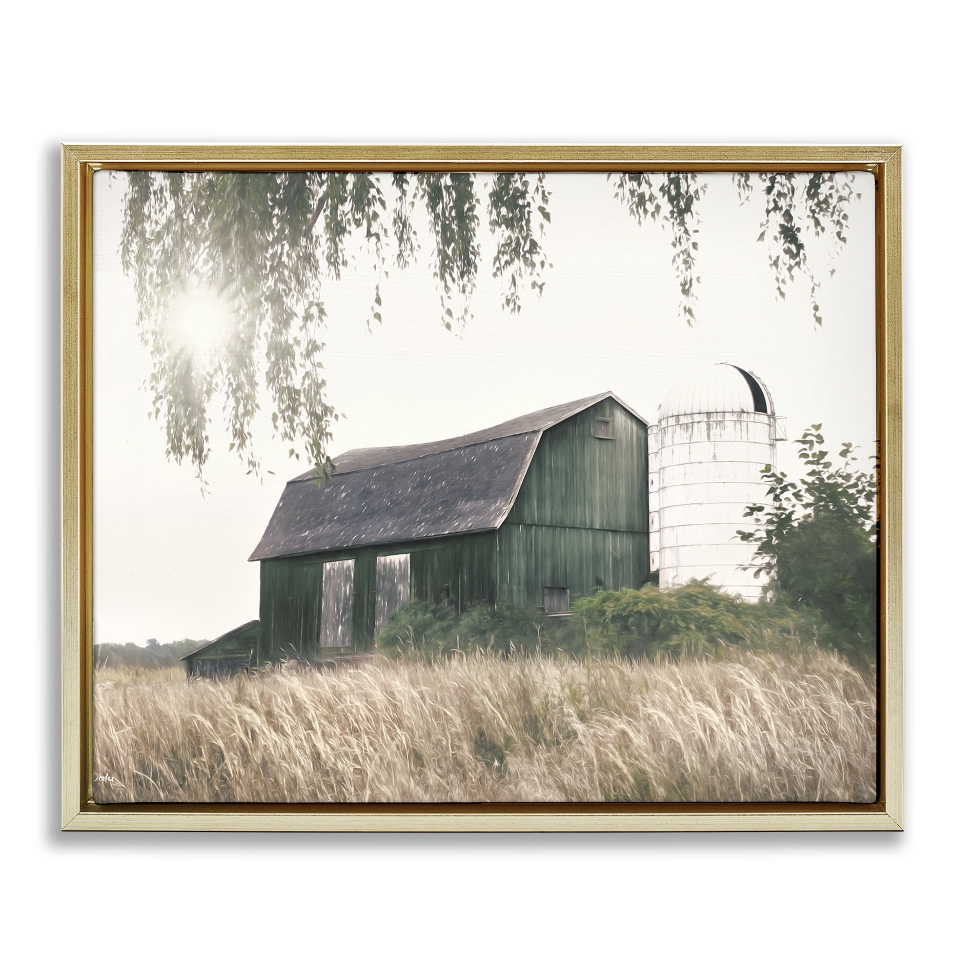 Stupell Industries Green Rustic Barn Landscape Photography Gold Floater Framed Canvas Art Print Wall Art, 21 x 17