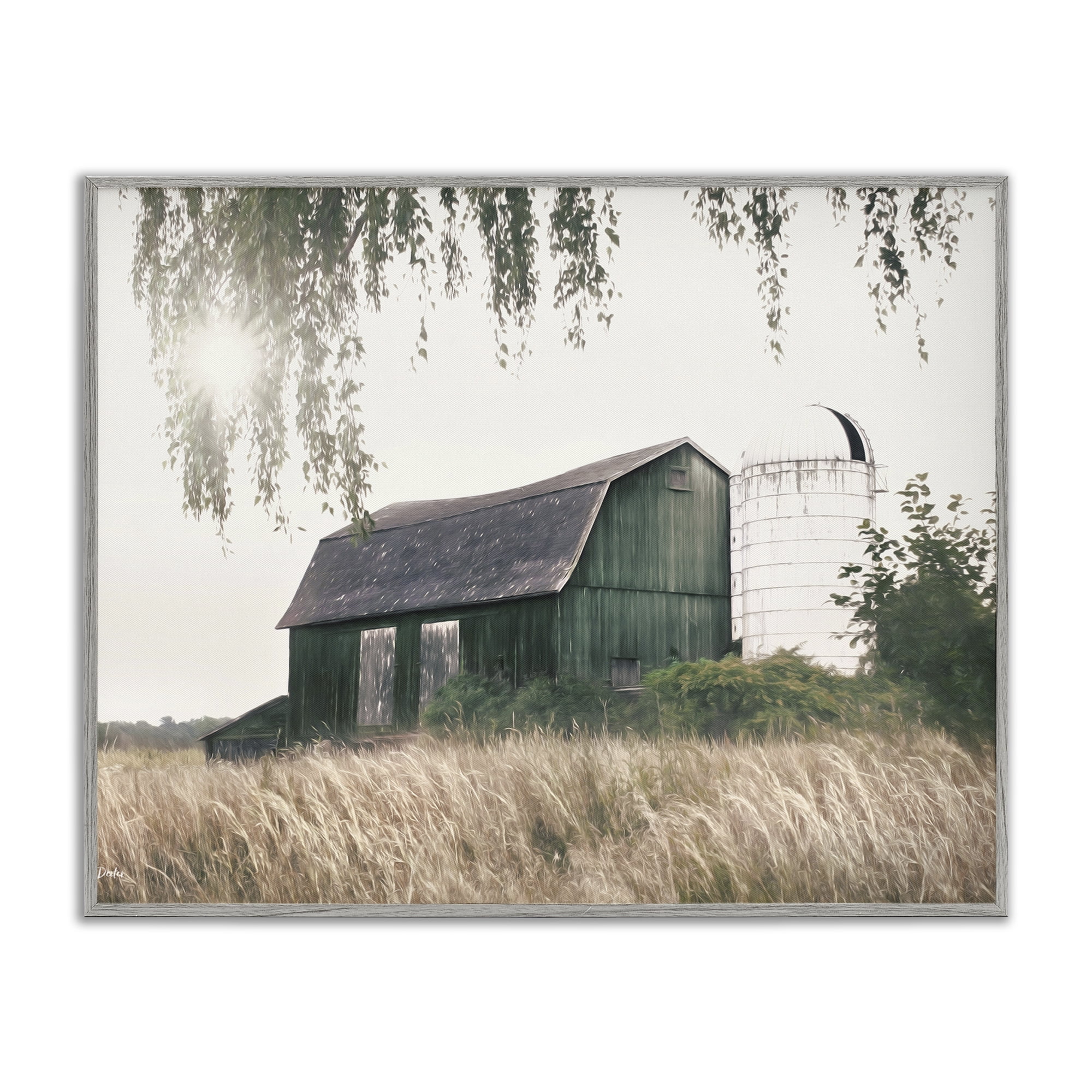 Green Rustic Barn Landscape Gray Framed Art Print, 14 x 11