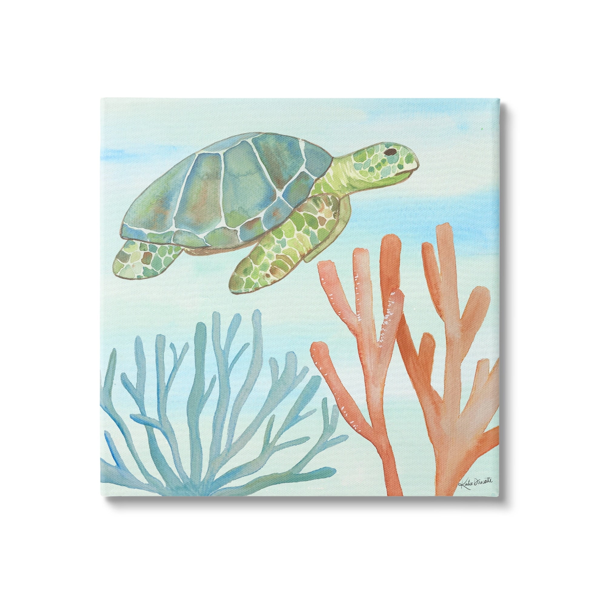 Green Sea Turtle Floating Underwater Ocean Coral Canvas Wall Art, 17" x 17"