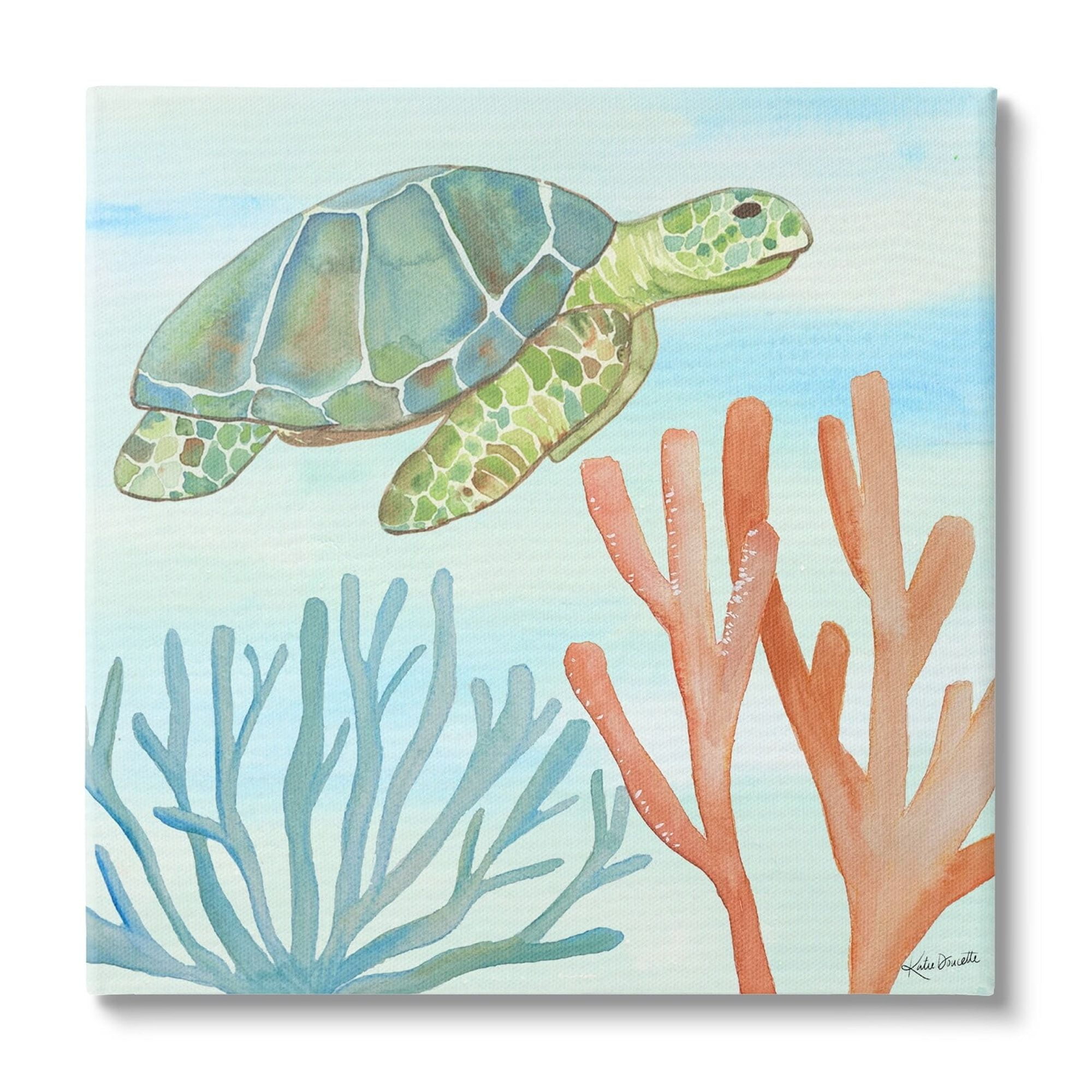 Green Sea Turtle Floating Underwater Ocean Coral Canvas Art, 30" x 30"