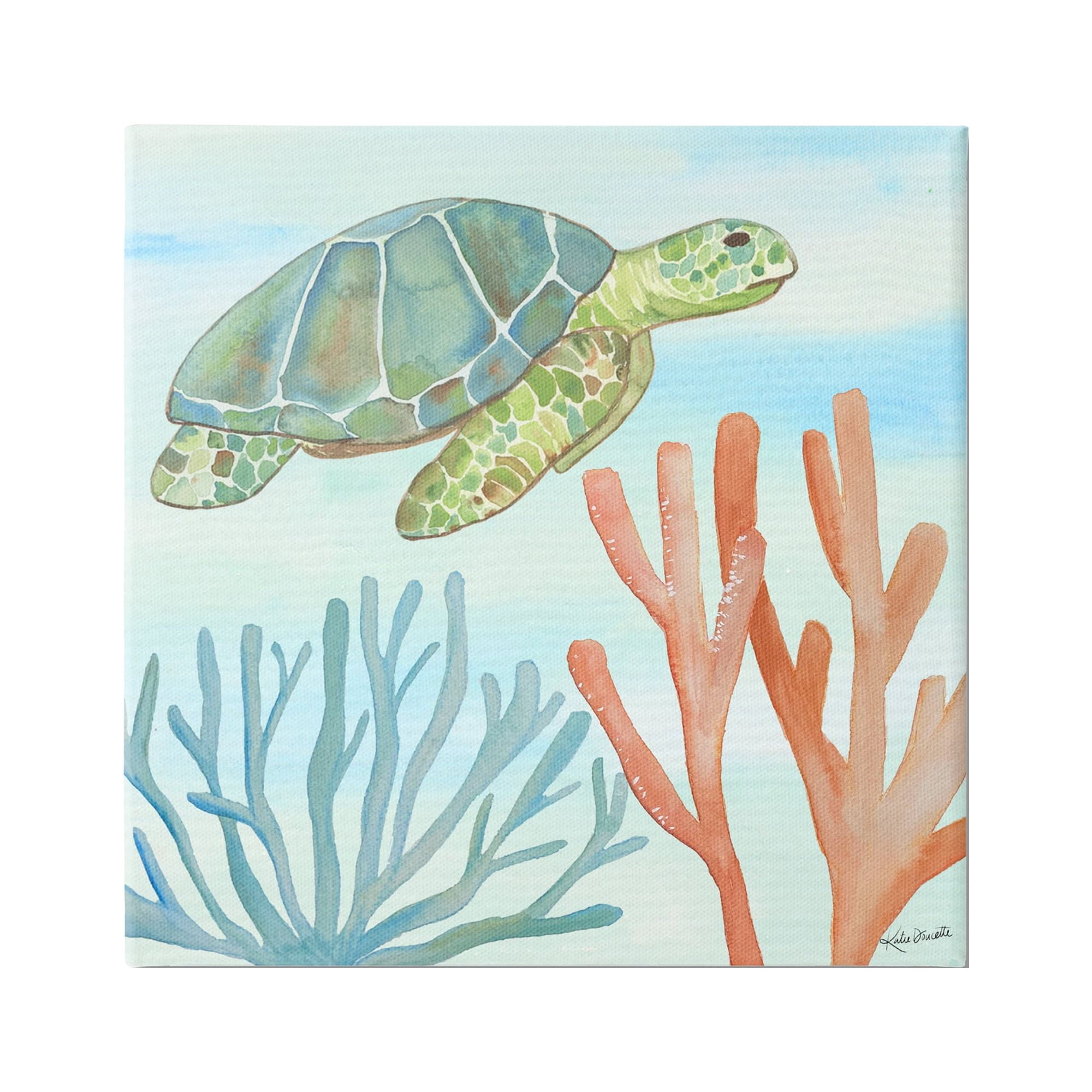 Stupell Industries Green Sea Turtle Floating Underwater Ocean Coral Canvas Wall Art, 36 x 36, Design by Katie Doucette