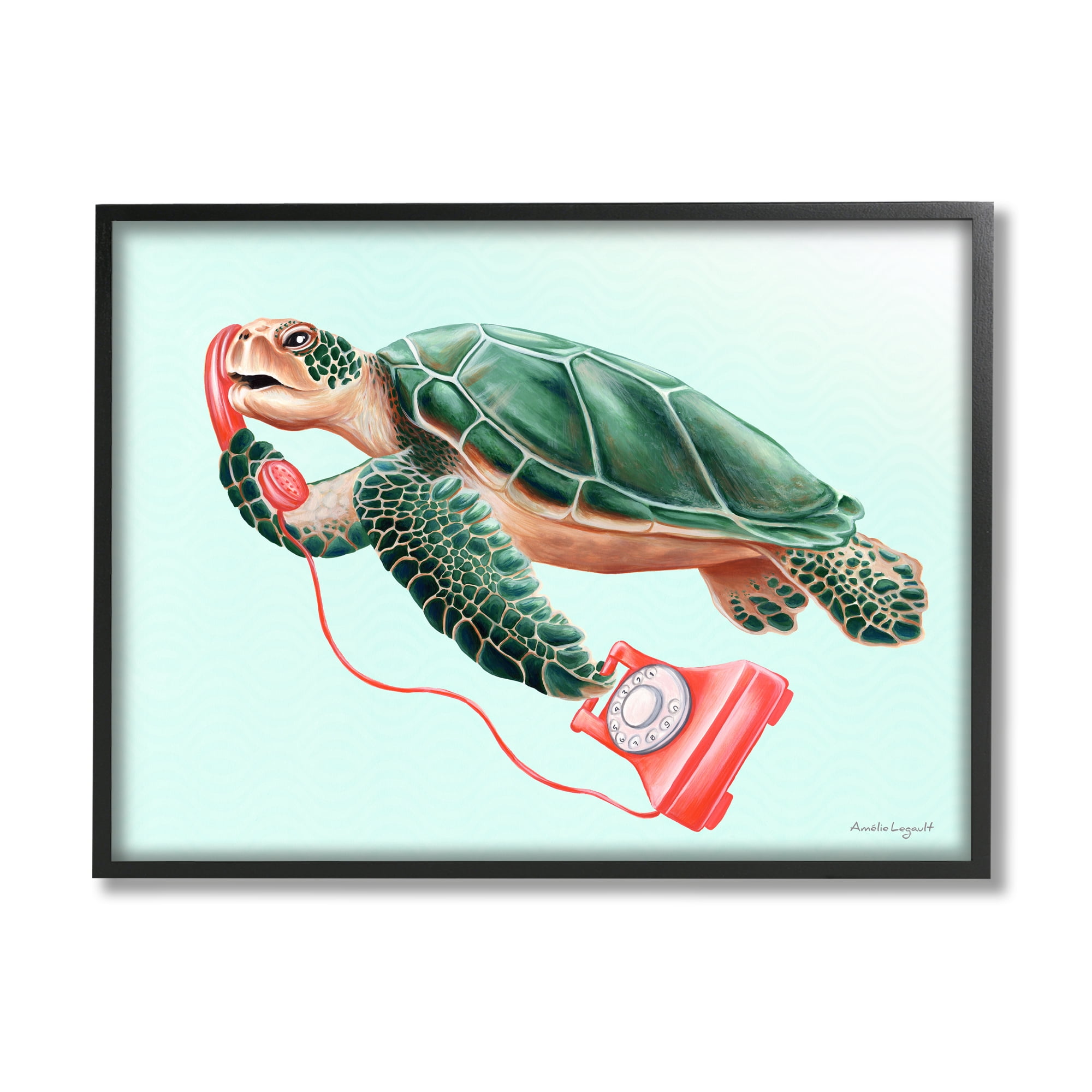 Stupell Industries Green Sea Turtle Swimming Red Rotary Telephone Graphic Art Black Framed Art Print Wall Art, Design by Amelie Legault
