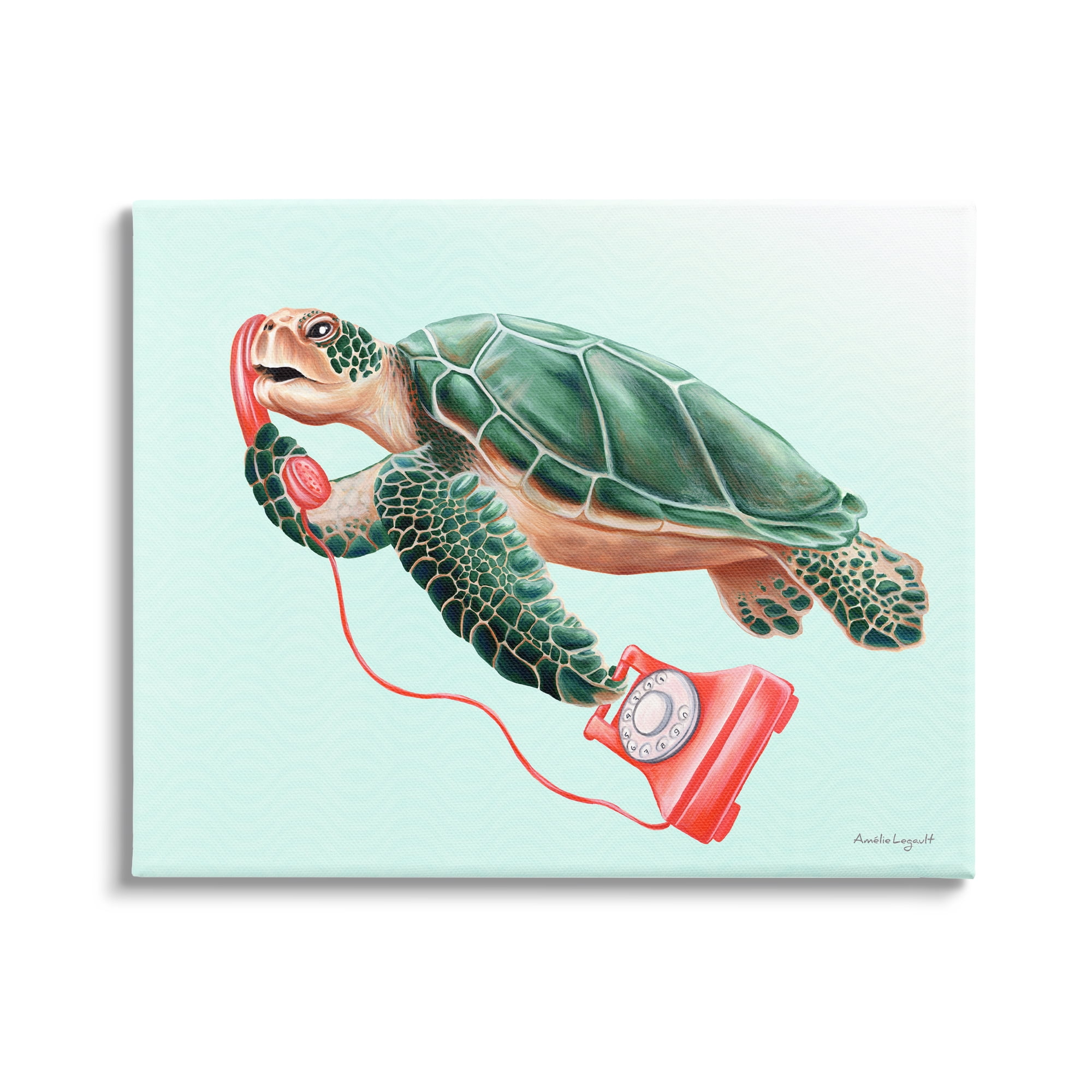 Stupell Industries Green Sea Turtle Swimming Red Rotary Telephone Graphic Art Gallery Wrapped Canvas Print Wall Art, Design by Amelie Legault