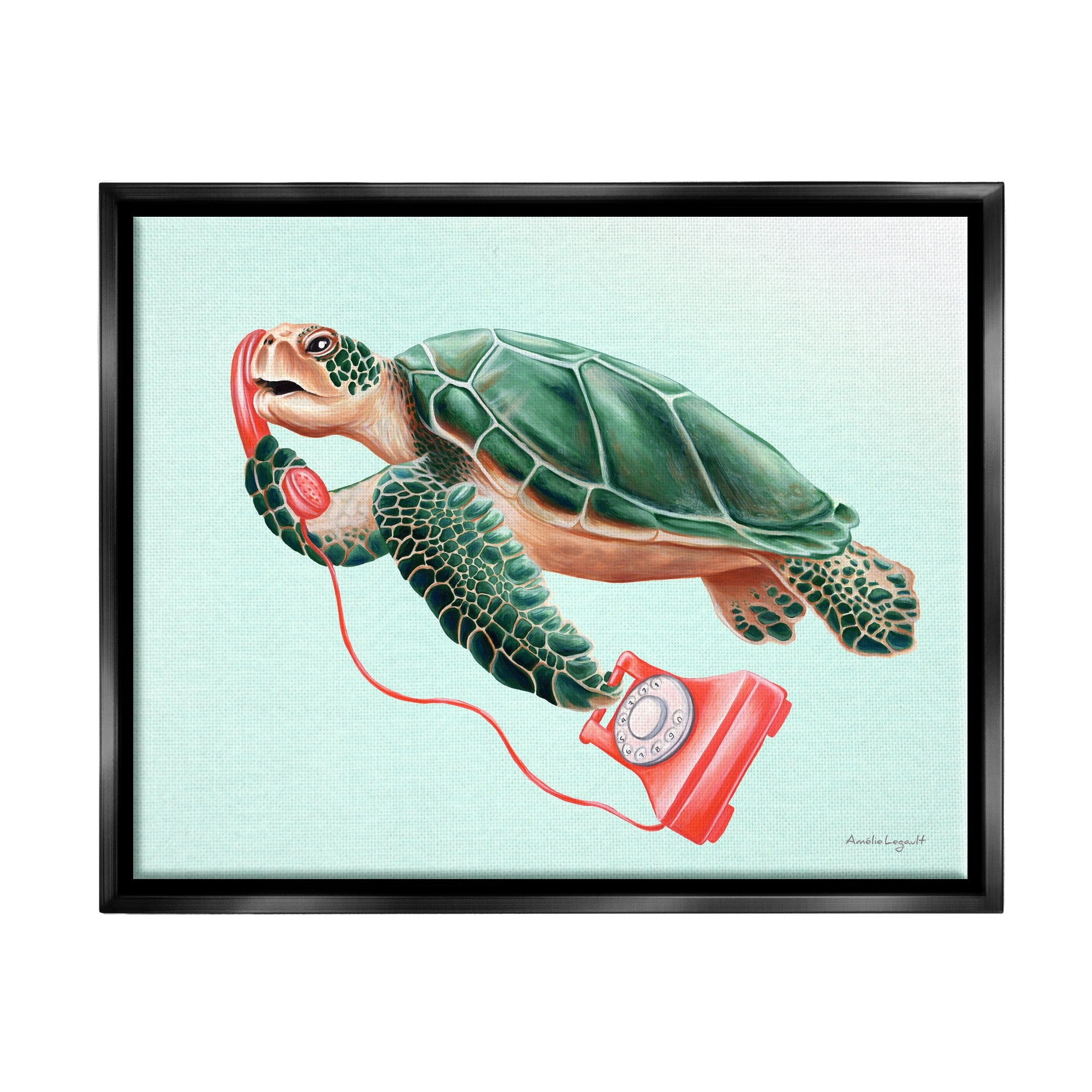 Stupell Industries Green Sea Turtle Swimming Red Rotary Telephone Graphic Art Jet Black Floating Framed Canvas Print Wall Art, Design by Amelie Legault