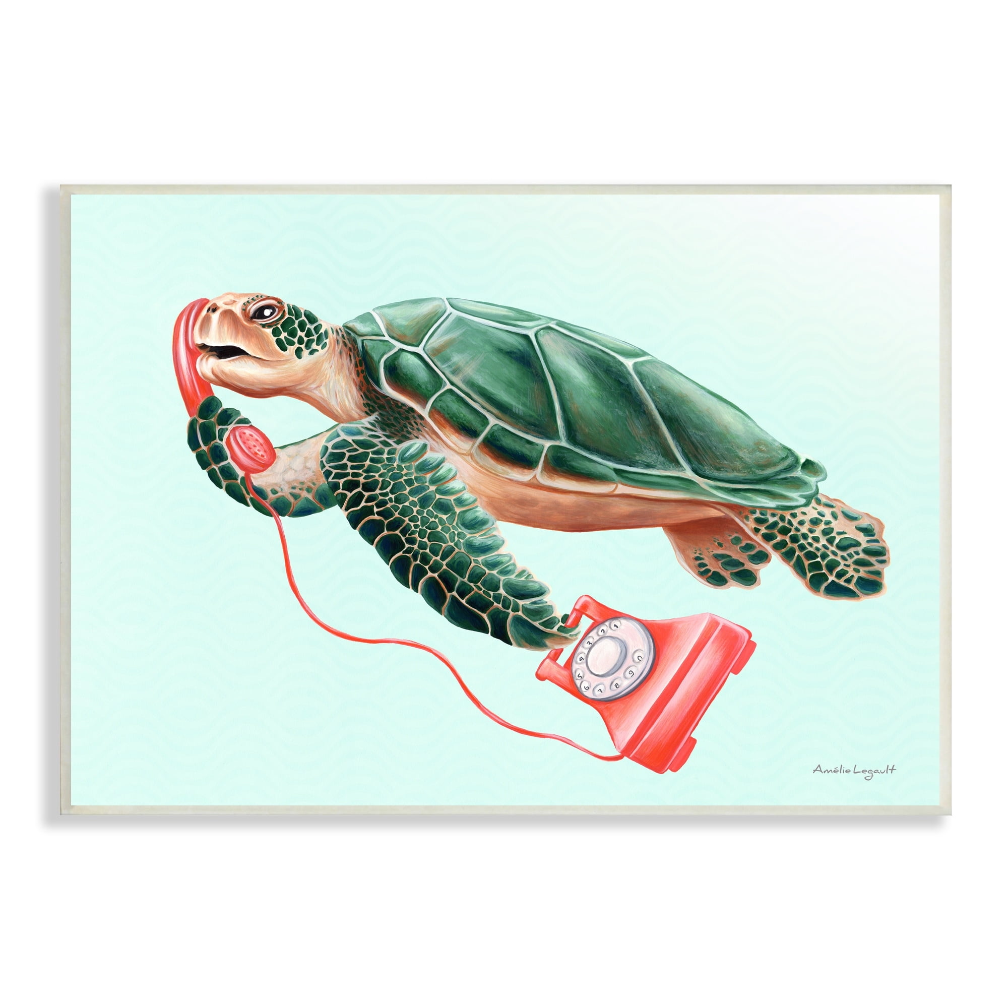 Stupell Industries Green Sea Turtle Swimming Red Rotary Telephone Graphic Art Unframed Art Print Wall Art, Design by Amelie Legault