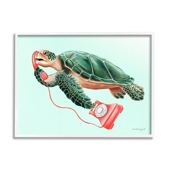 Stupell Industries Green Sea Turtle Swimming Red Rotary Telephone Graphic Art White Framed Art Print Wall Art, Design by Amelie Legault