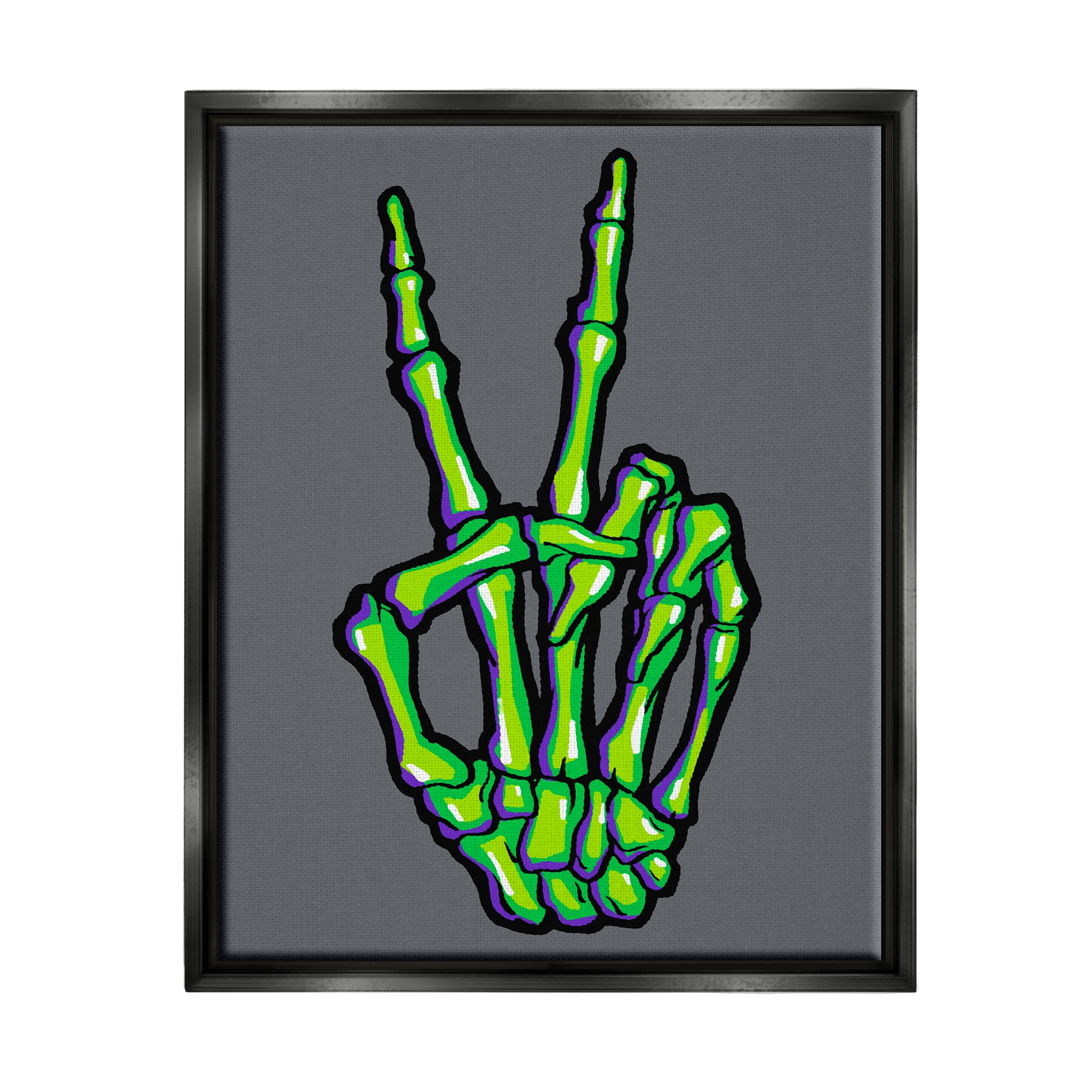 Stupell Industries Green Skeleton Peace Hand Holiday Painting Black Floater Framed Art Print Wall Art, 25 x 31
