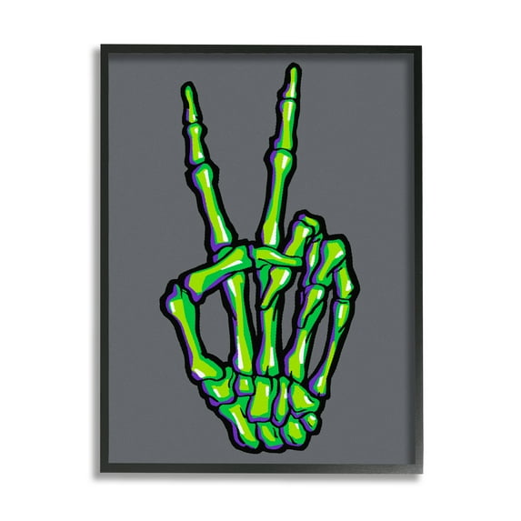 Stupell Industries Green Skeleton Peace Hand Holiday Painting Black Framed Art Print Wall Art, 16 x 20