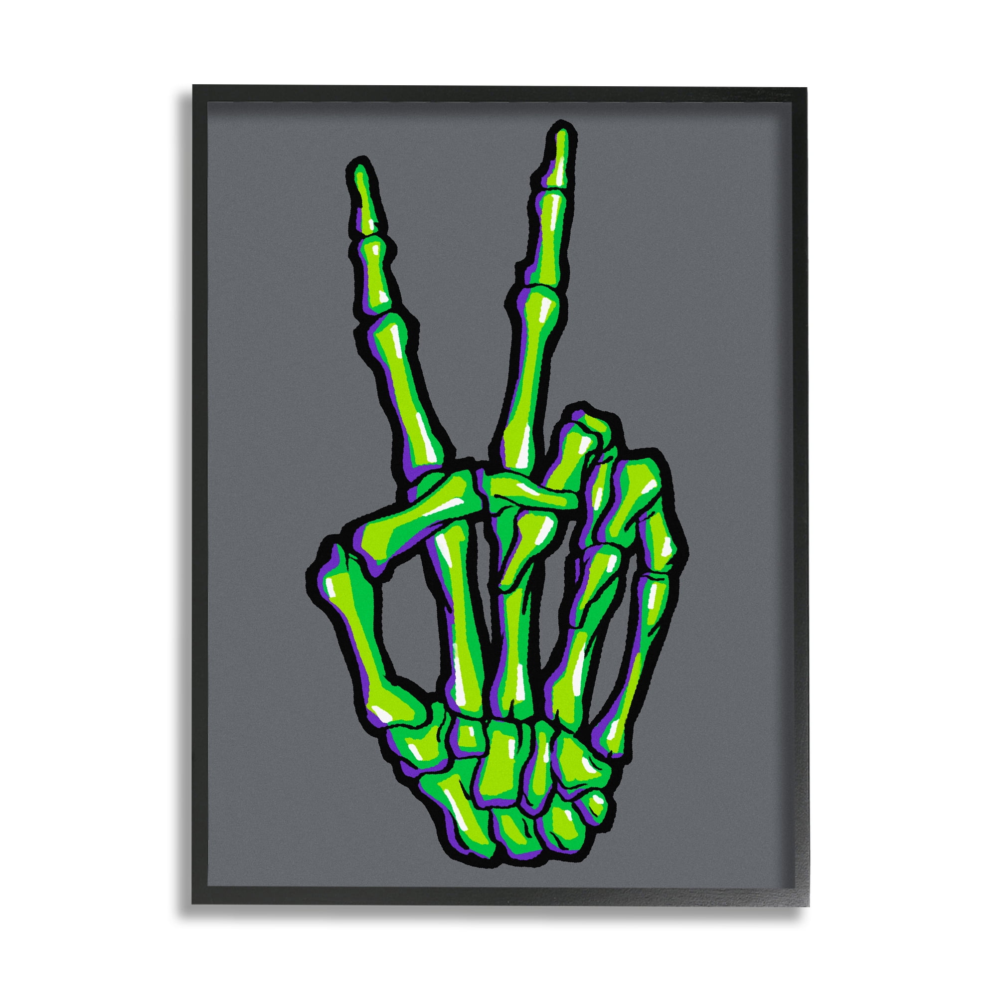 Stupell Industries Green Skeleton Peace Hand Holiday Painting Black Framed Art Print Wall Art, 24 x 30