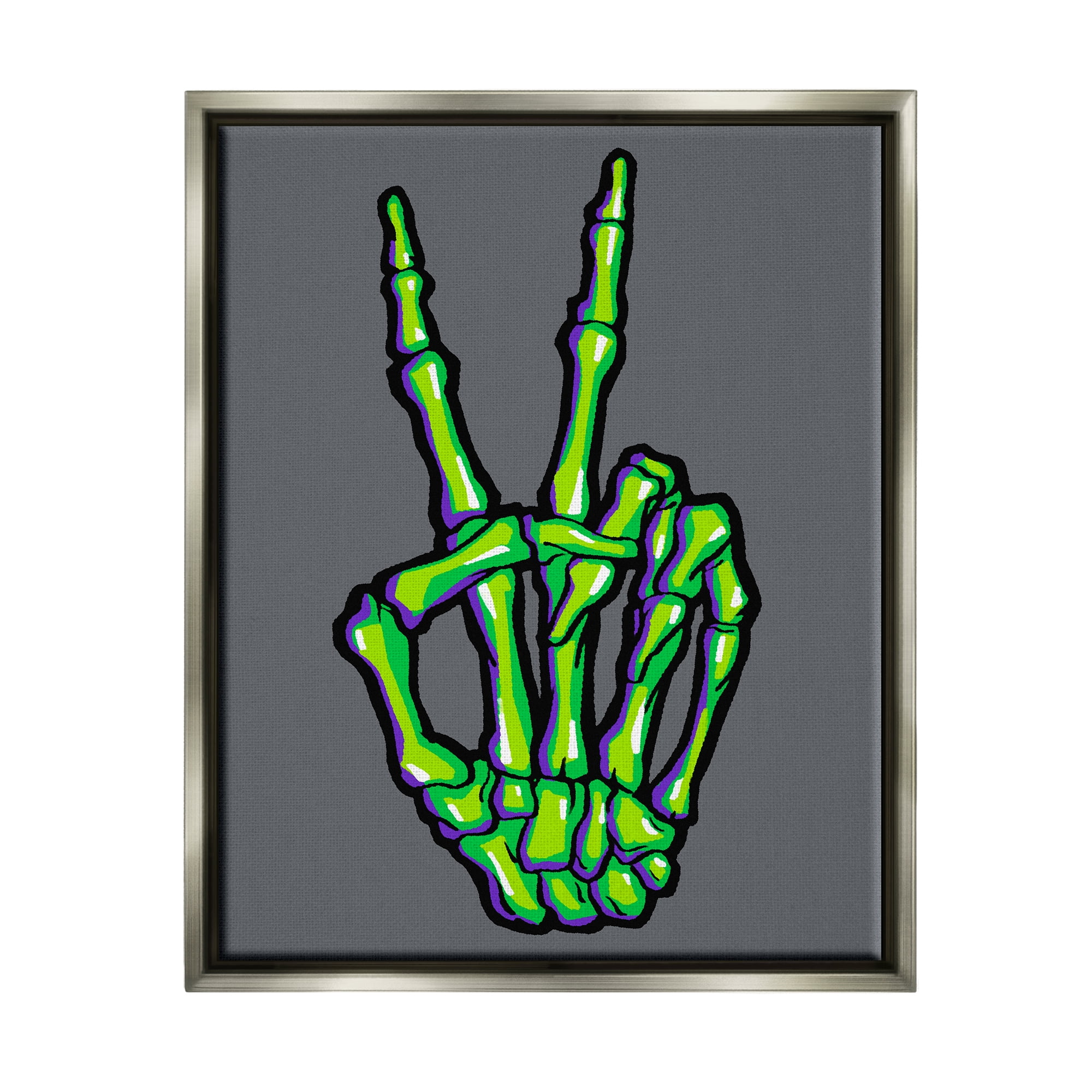 Stupell Industries Green Skeleton Peace Hand Holiday Painting Gray Floater Framed Art Print Wall Art, 17 x 21
