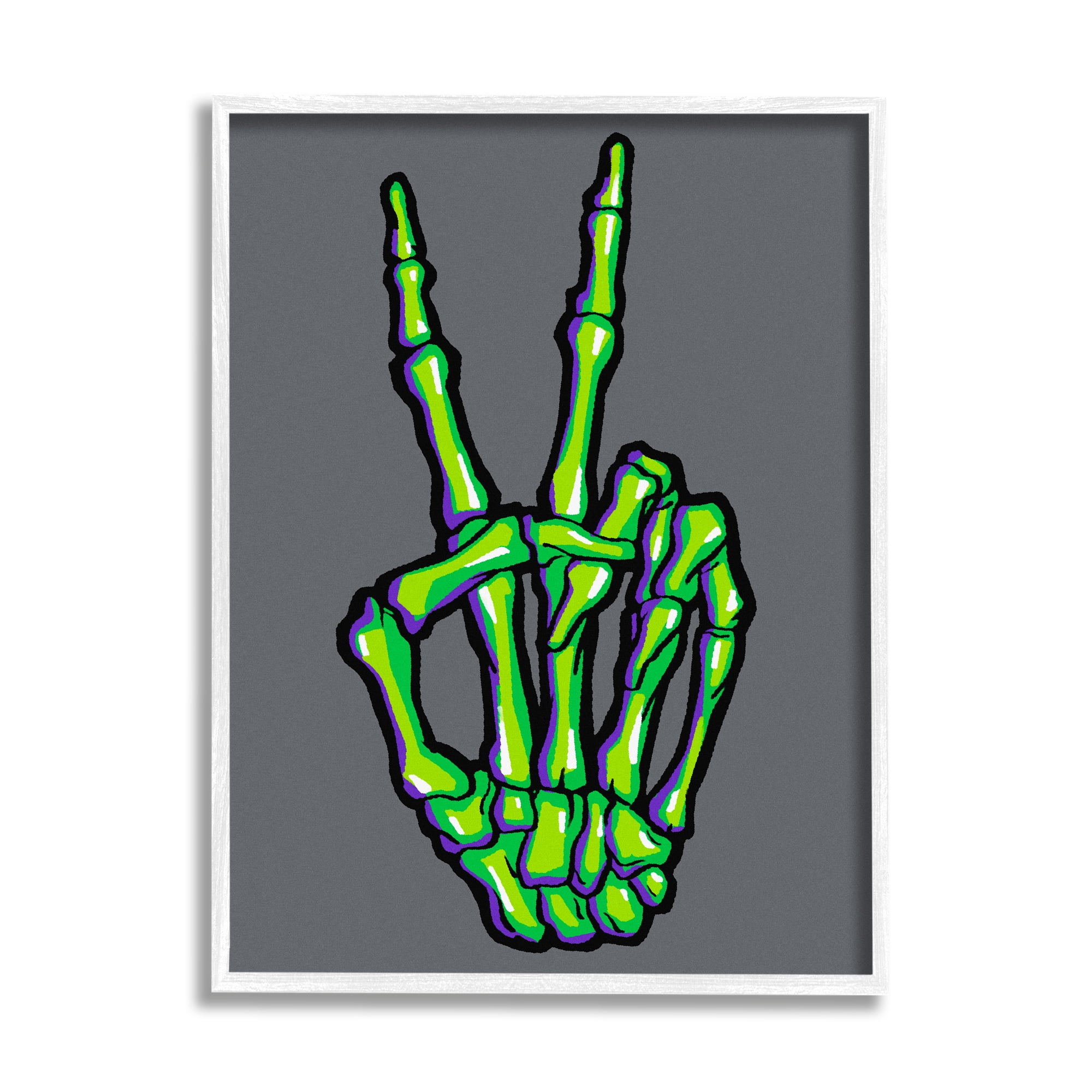 Stupell Industries Green Skeleton Peace Hand Holiday Painting White Framed Art Print Wall Art, 24 x 30
