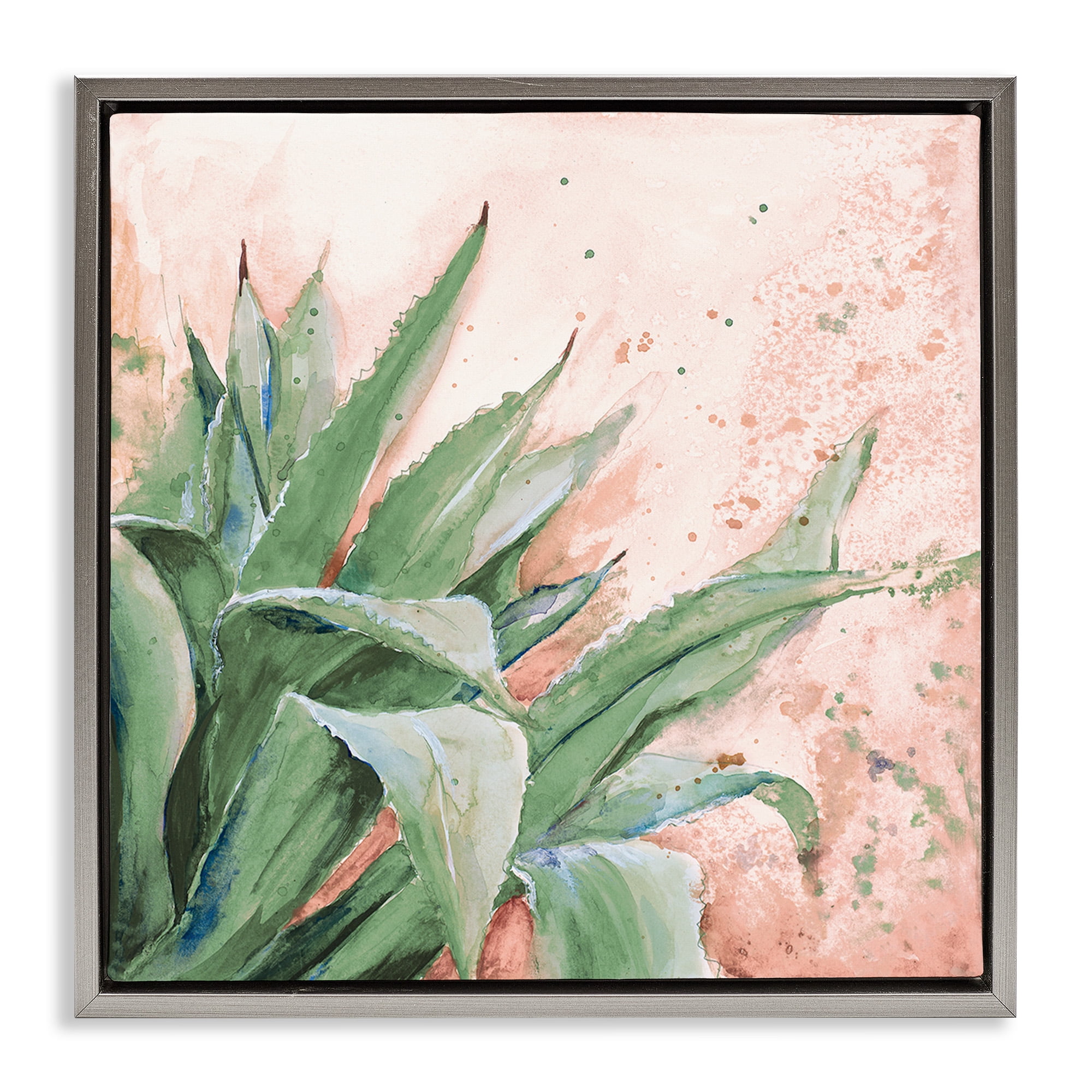 Stupell Industries Green Succulent Plant Leaves Botanical & Floral Painting Gray Floater Framed Canvas Art Print Wall Art, 25 x 25