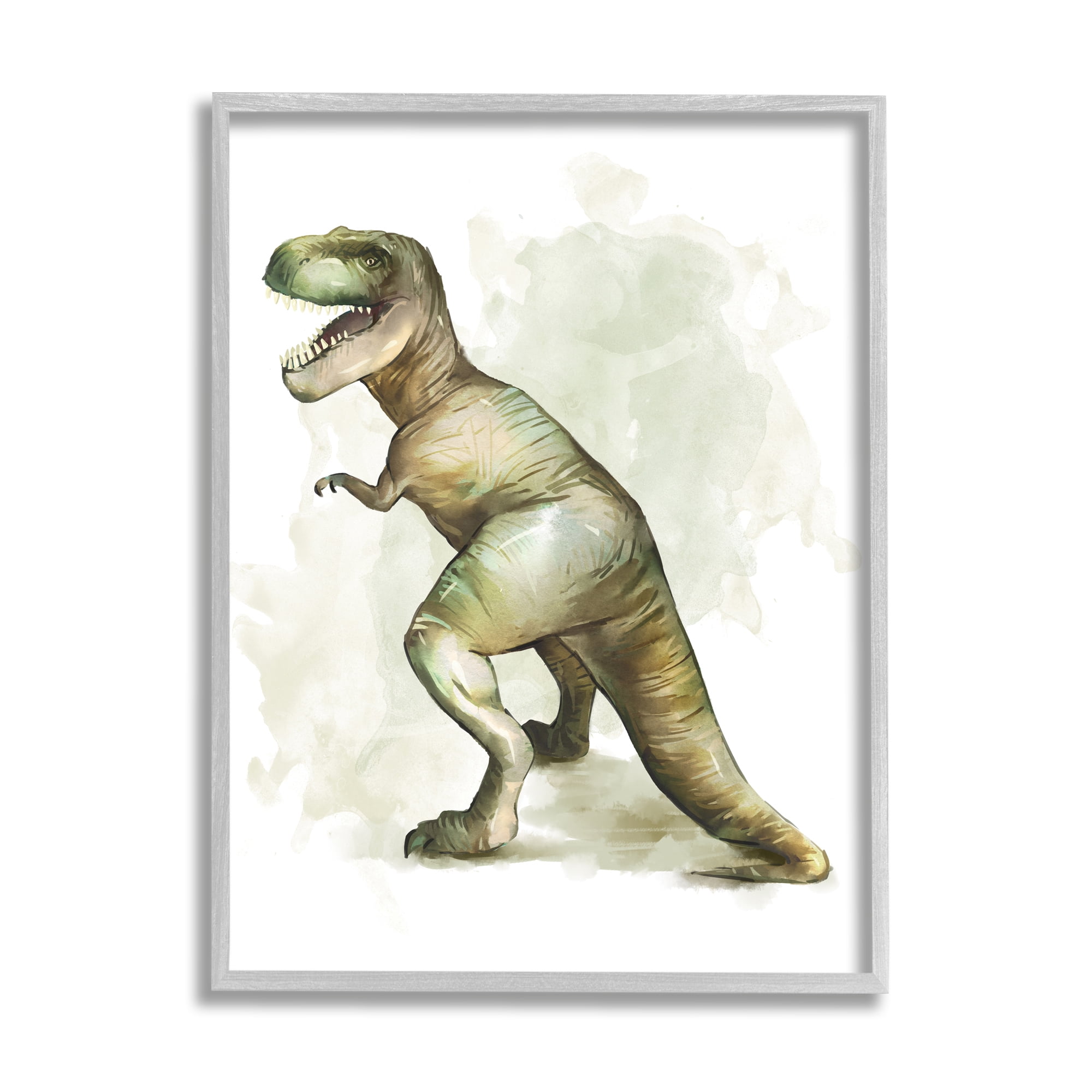 Stupell Industries Green T-Rex Dinosaur Ancient Reptile Roar Animals & Insects Painting Gray Framed Art Print Wall Art, 11 x 14