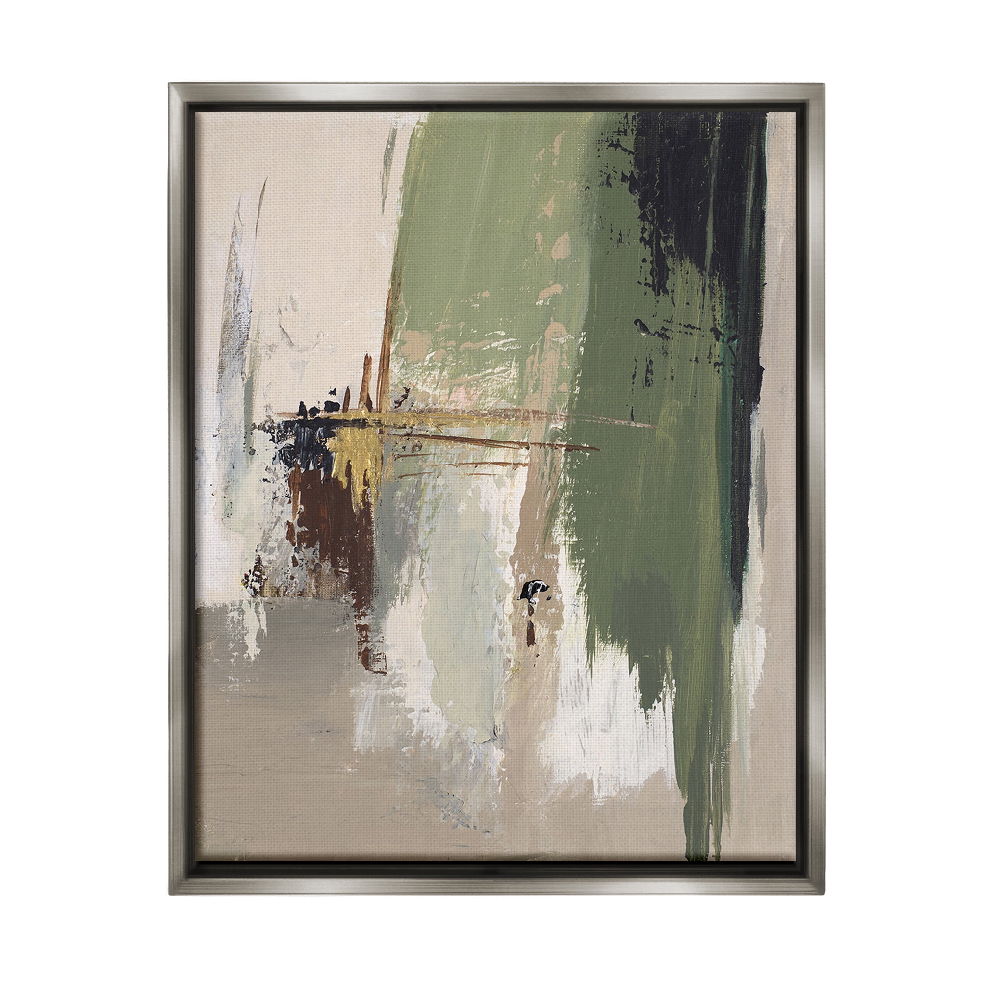Stupell Industries Green & Tan Brush Strokes Abstract Painting Gray Floater Framed Canvas Art Print Wall Art, 17 x 21