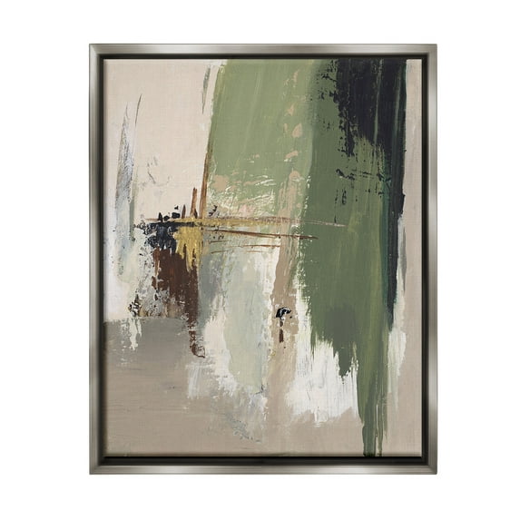 Stupell Industries Green & Tan Brush Strokes Abstract Painting Gray Floater Framed Canvas Art Print Wall Art, 25 x 31