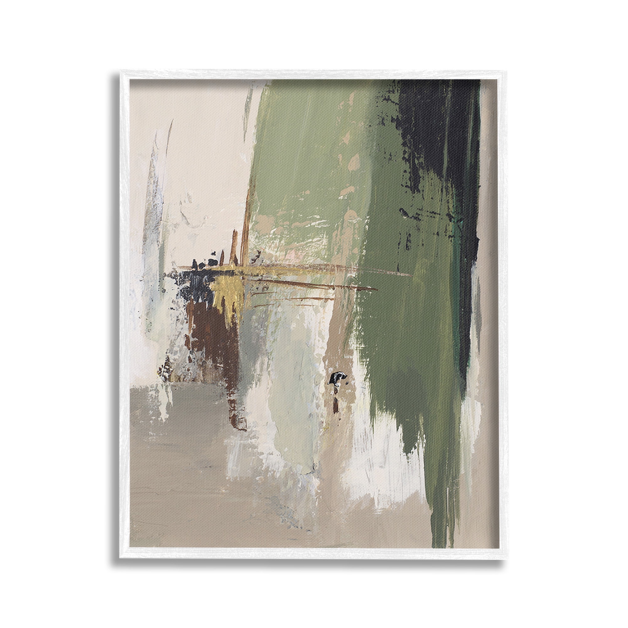 Stupell Industries Green & Tan Brush Strokes Abstract Painting White Framed Art Print Wall Art, 16 x 20