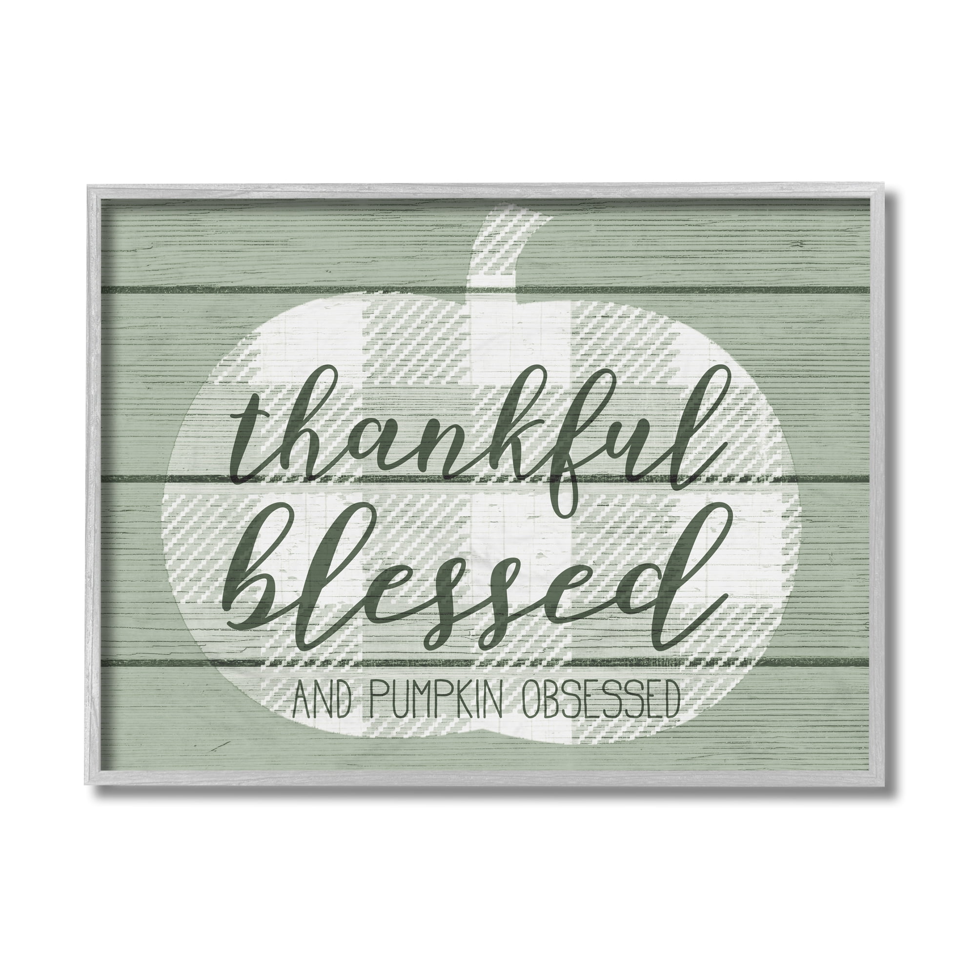 Stupell Industries Green Thankful Blessed Pumpkin Harvest Phrase Typography Painting Gray Framed Art Print Wall Art, 11 x 14