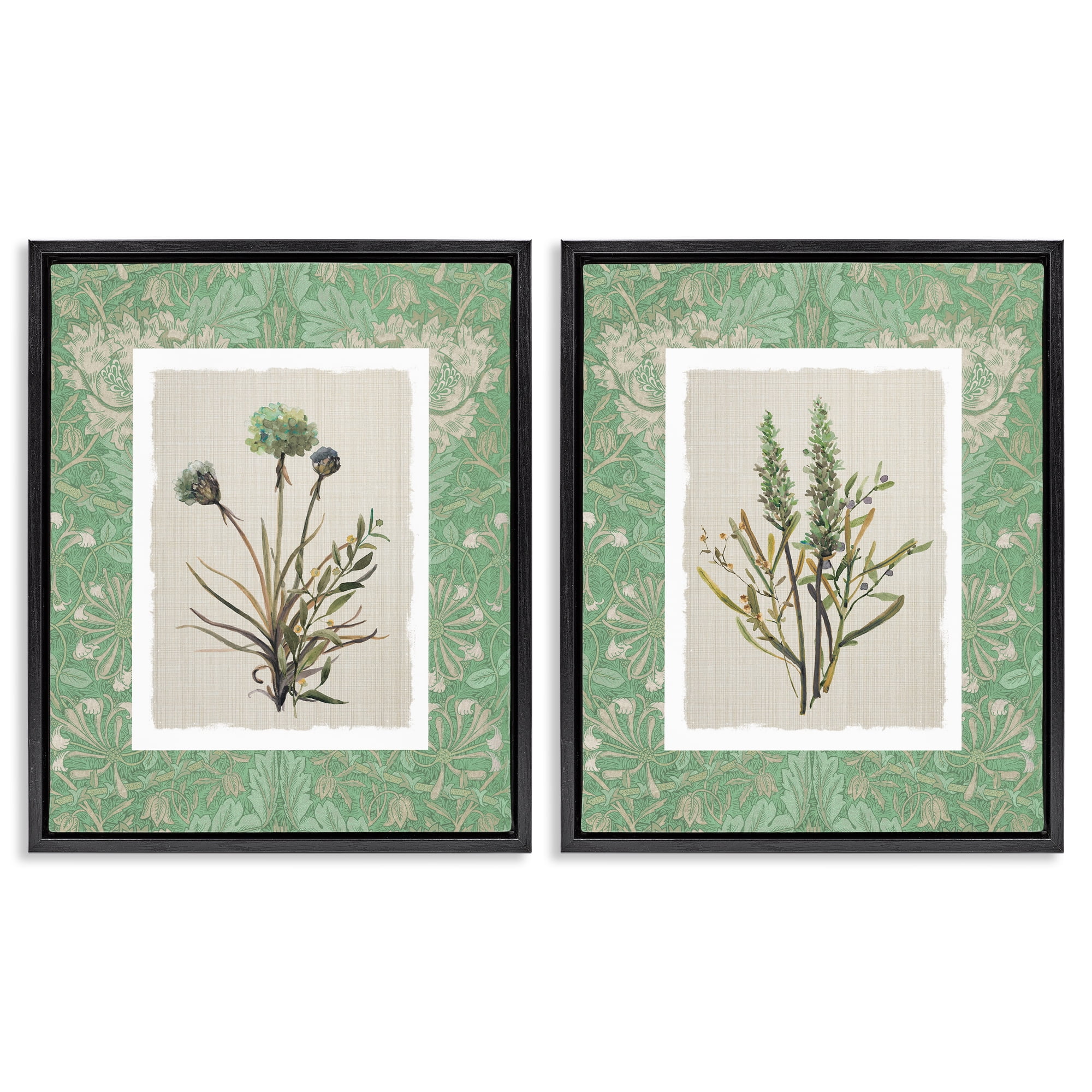 Stupell Industries Green Tone Herbal Blooms 2 Piece Black Framed Floater Canvas Set, design by Carol Robinson