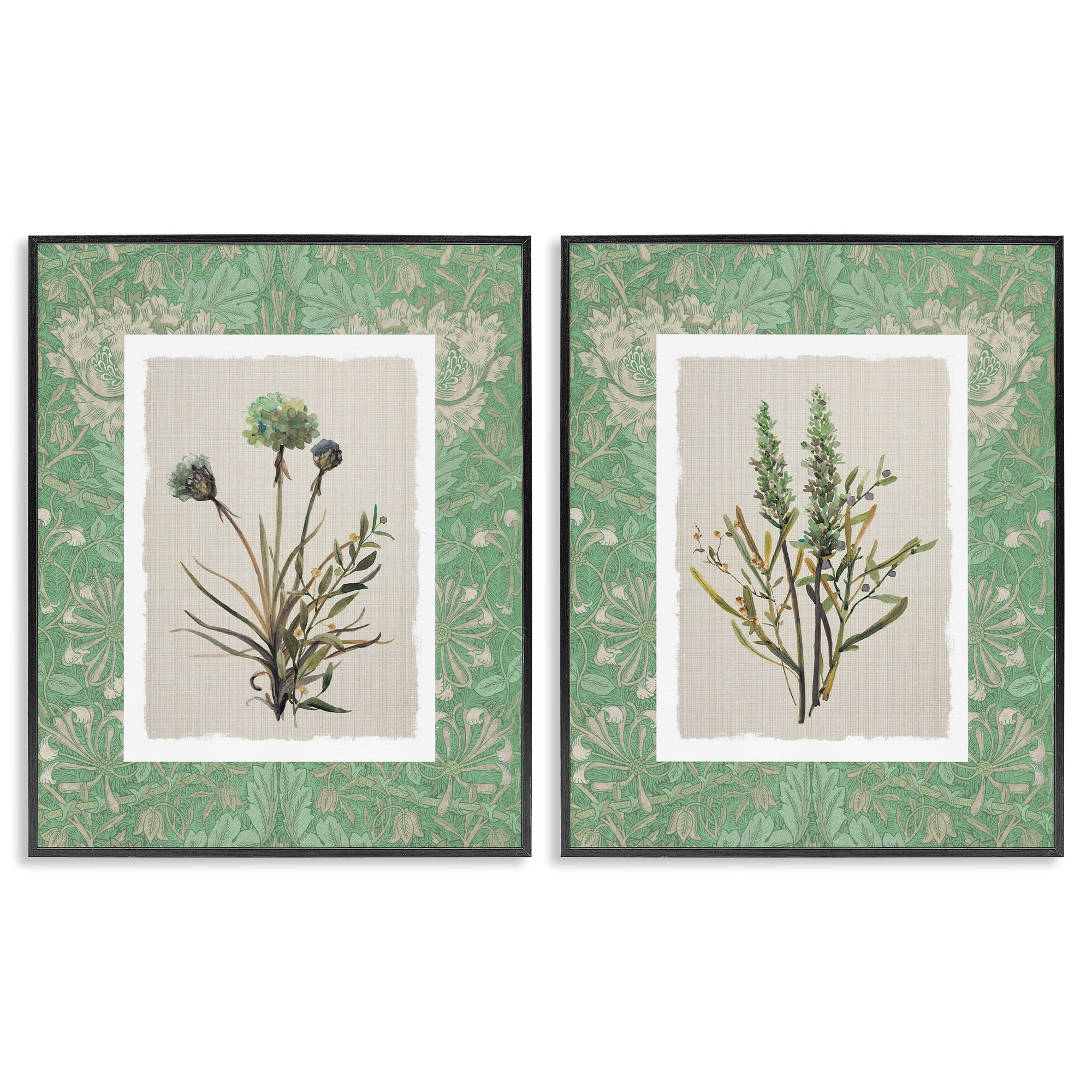 Stupell Industries Green Tone Herbal Blooms 2 Piece Black Framed Giclee Art Set, design by Carol Robinson