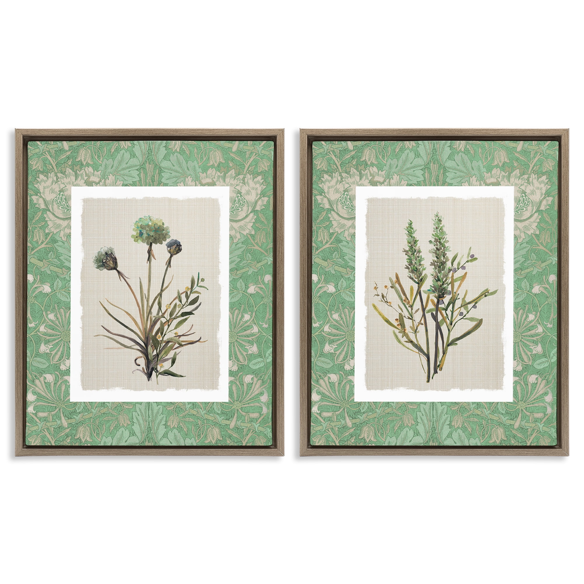 Stupell Industries Green Tone Herbal Blooms 2 Piece Brown Framed Floater Canvas Set, design by Carol Robinson