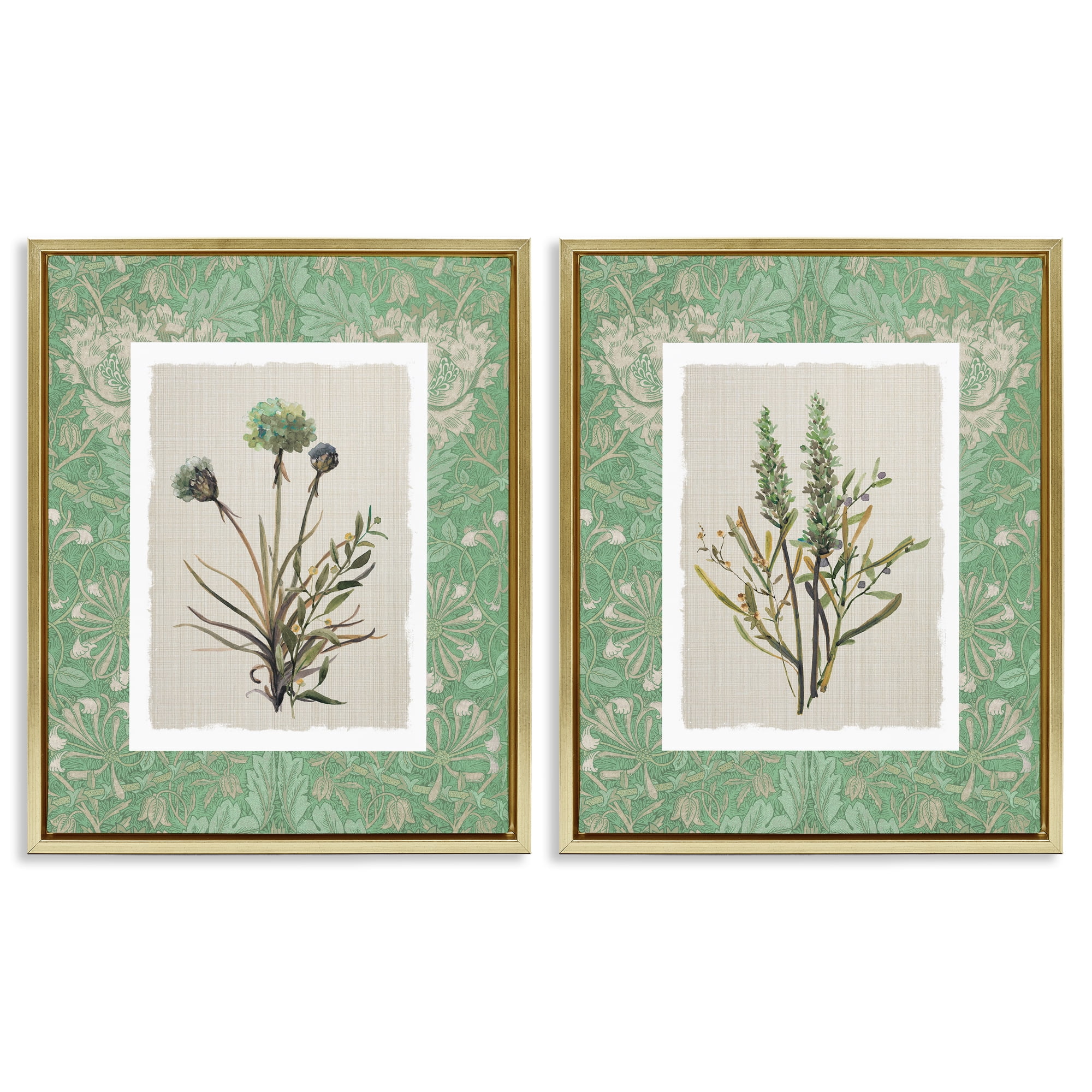 Stupell Industries Green Tone Herbal Blooms 2 Piece Gold Framed Floater Canvas Set, design by Carol Robinson