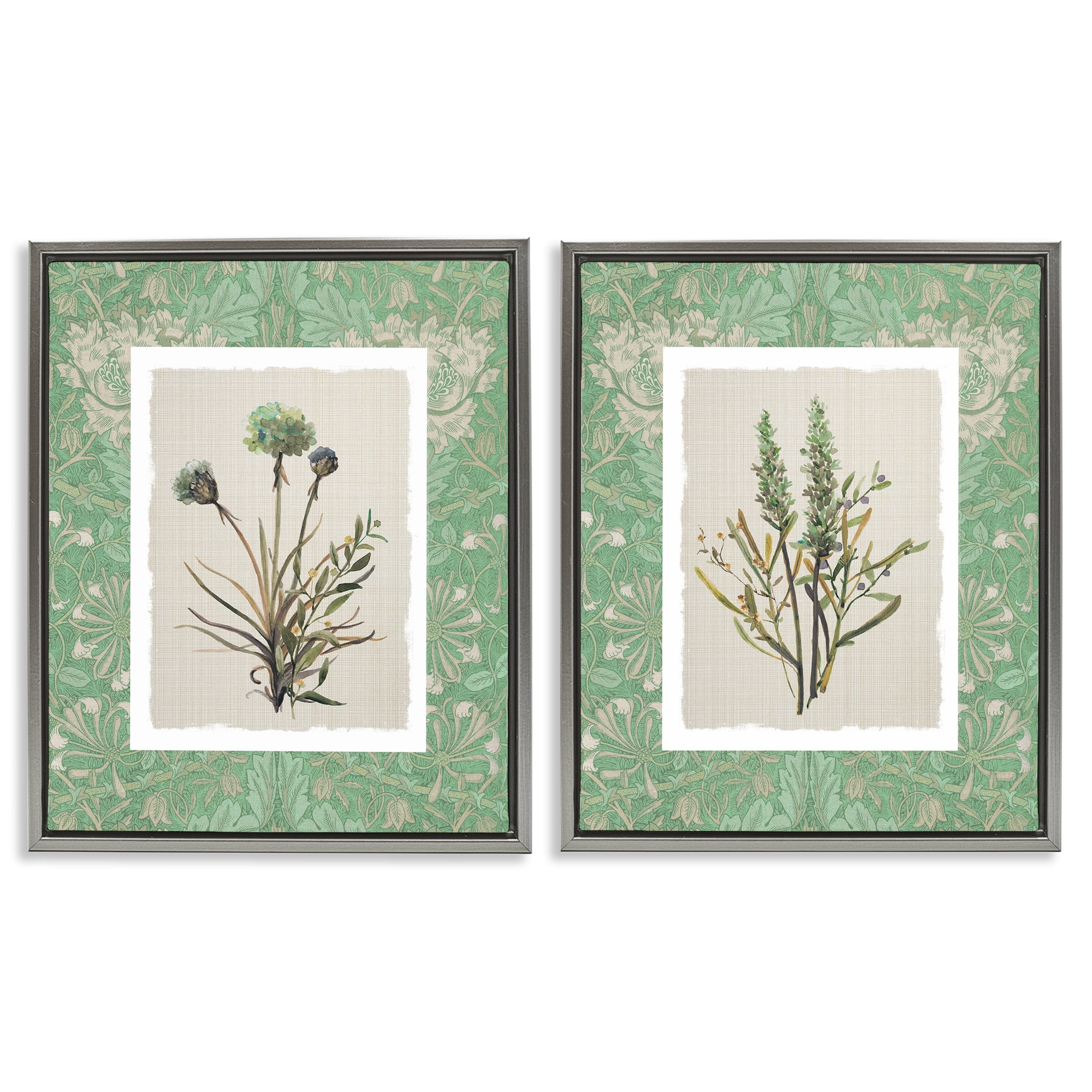 Stupell Industries Green Tone Herbal Blooms 2 Piece Gray Framed Floater Canvas Set, design by Carol Robinson