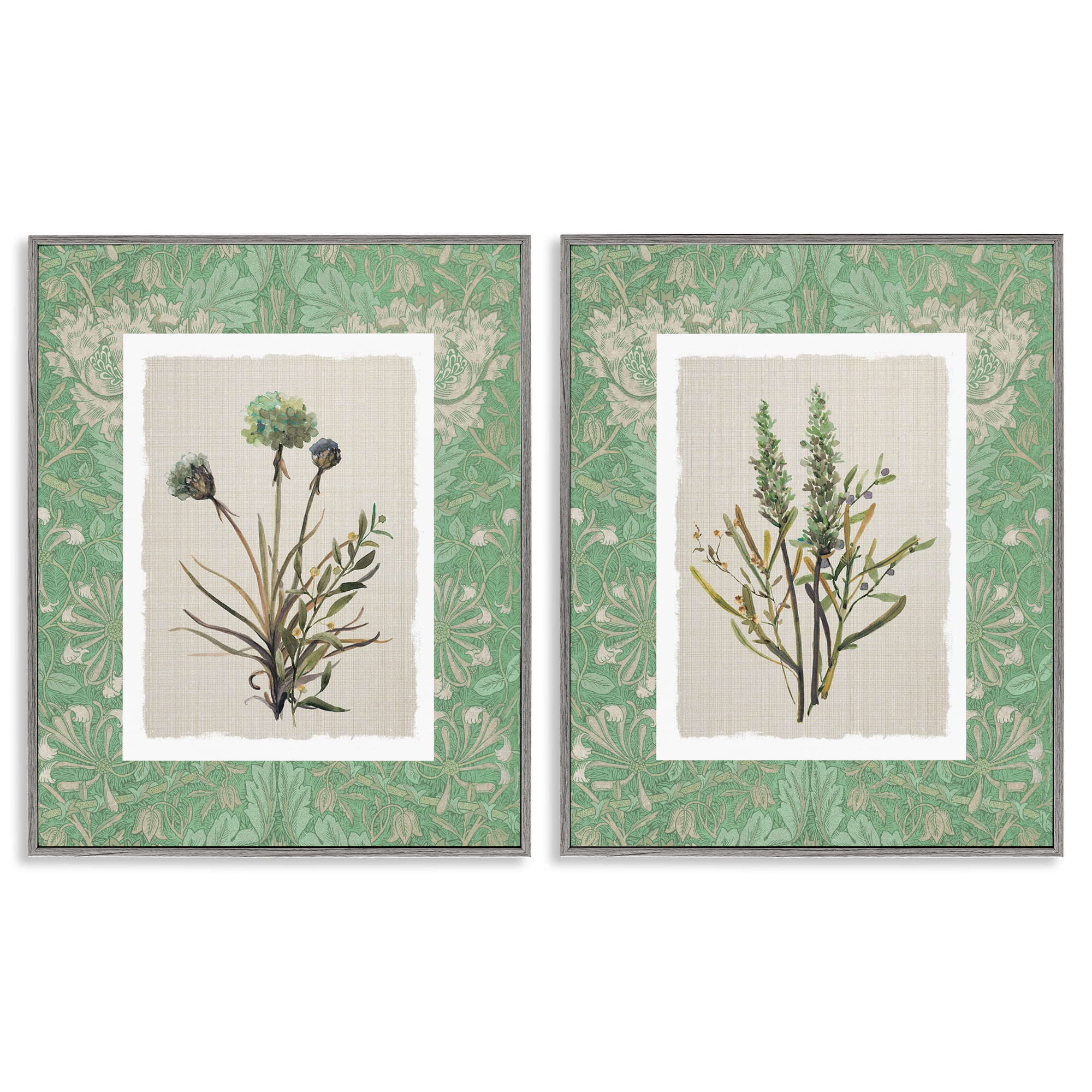 Stupell Industries Green Tone Herbal Blooms 2 Piece Gray Framed Giclee Art Set, design by Carol Robinson