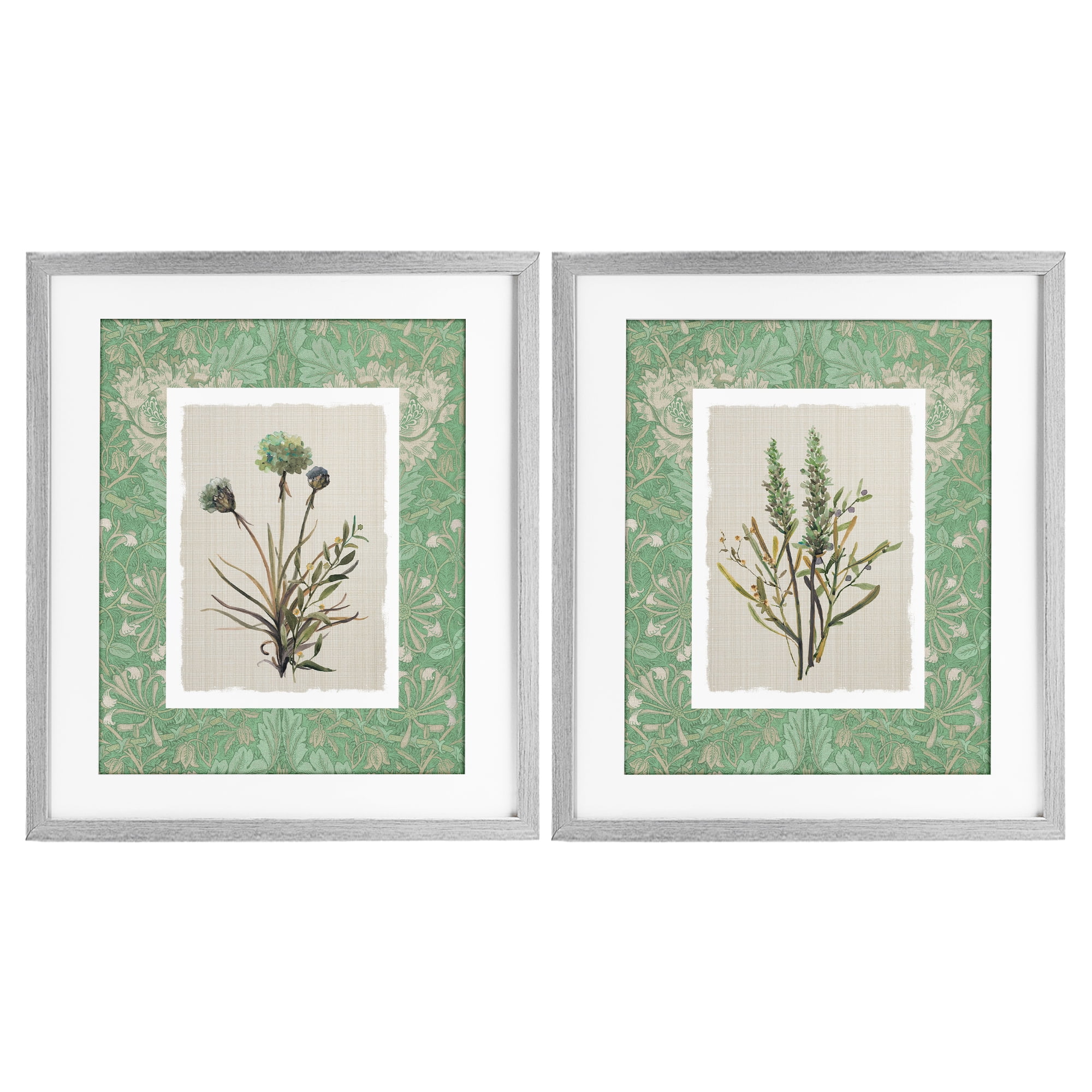 Stupell Industries Green Tone Herbal Blooms 2 Piece Gray Framed Print Under Glass Set, design by Carol Robinson