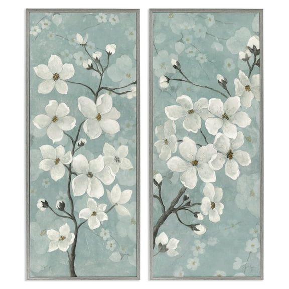 Stupell Industries Green Toned Blossoms Floral Painting Gray Framed Art Print Wall Art, 10 x 24, Set of 2