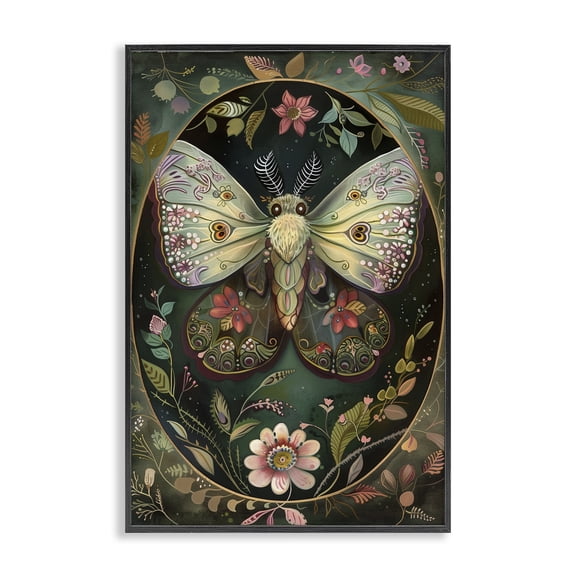 Stupell Industries Green Toned Victorian Moth Floral Painting Black Framed Art Print Wall Art, 16 x 24