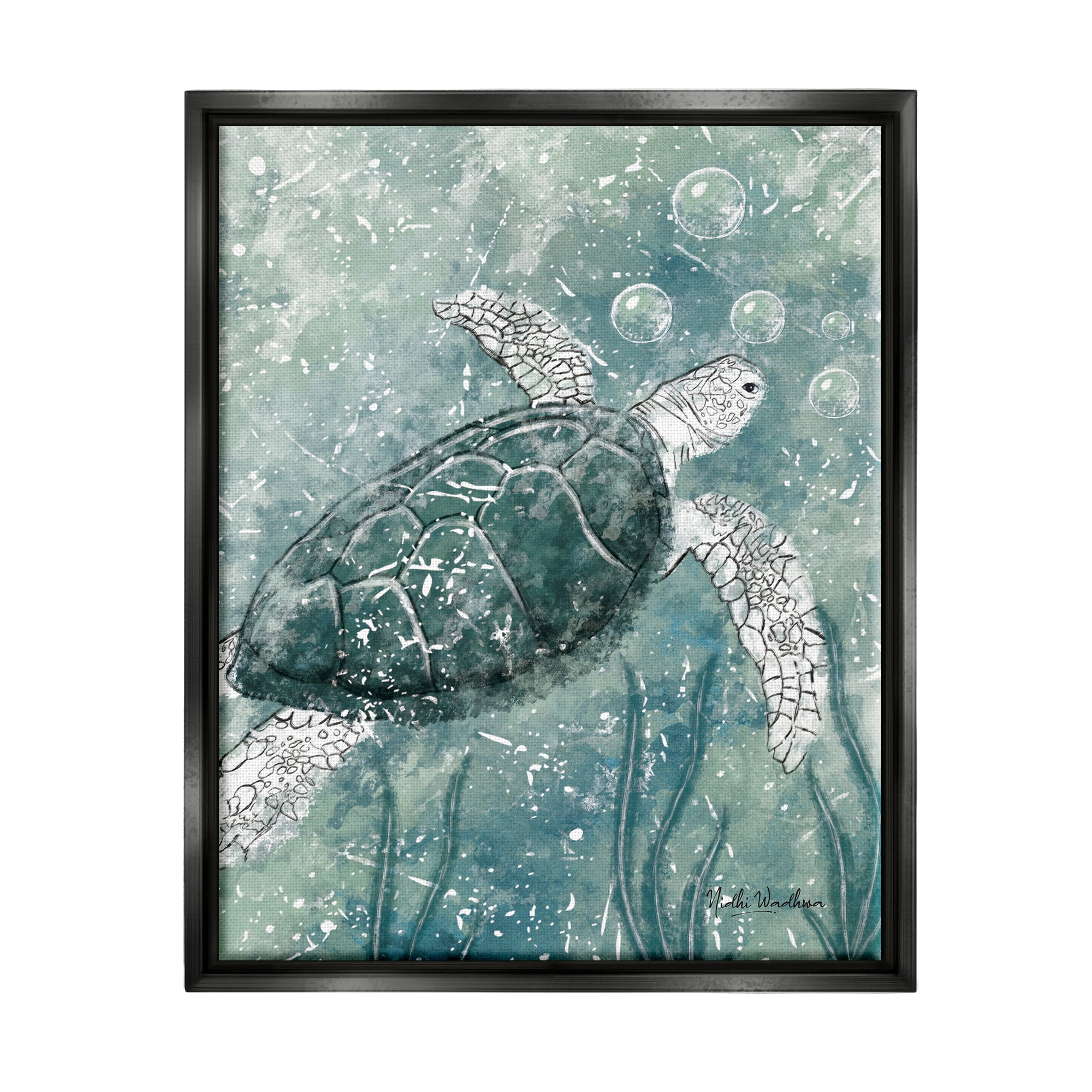 Stupell Industries Green Turtle & Bubbles Animals & Insects Painting Black Floater Framed Art Print Wall Art, 25 x 31