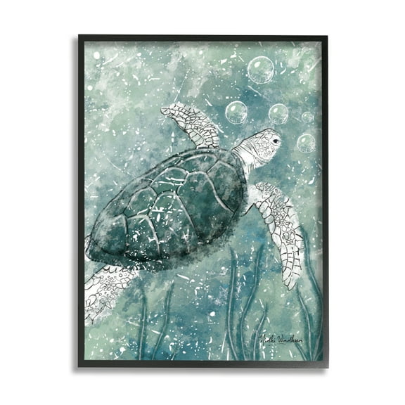 Stupell Industries Green Turtle & Bubbles Animals & Insects Painting Black Framed Art Print Wall Art, 11 x 14