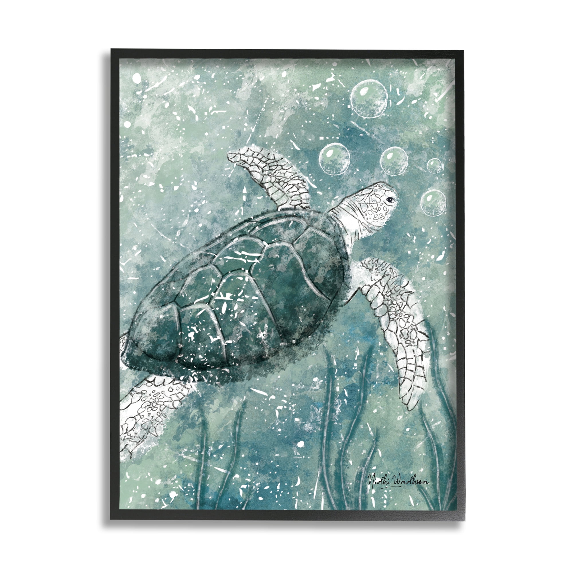 Stupell Industries Green Turtle & Bubbles Animals & Insects Painting Black Framed Art Print Wall Art, 16 x 20