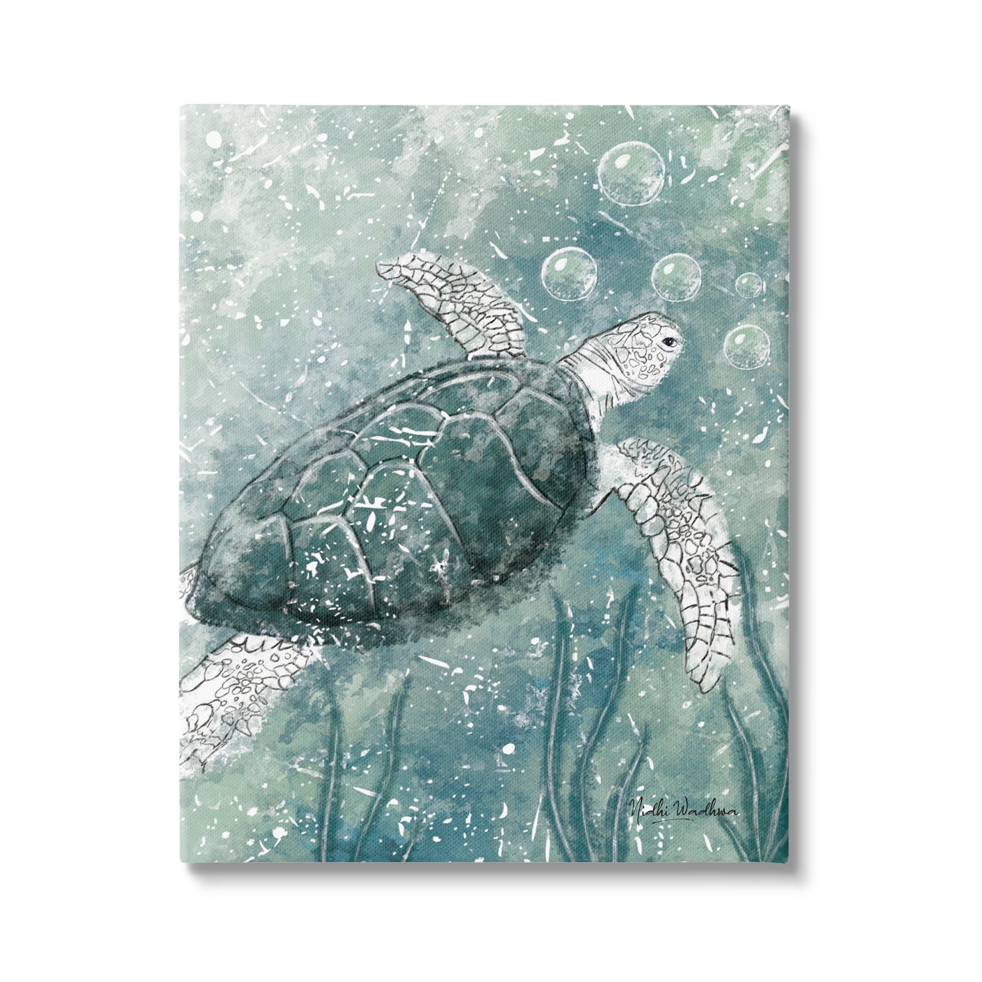 Stupell Industries Green Turtle & Bubbles Animals & Insects Painting Gallery Wrapped Canvas Print Wall Art, 16 x 20