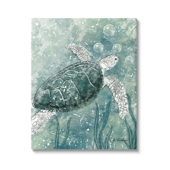 Stupell Industries Green Turtle & Bubbles Animals & Insects Painting Gallery Wrapped Canvas Print Wall Art, 36 x 48
