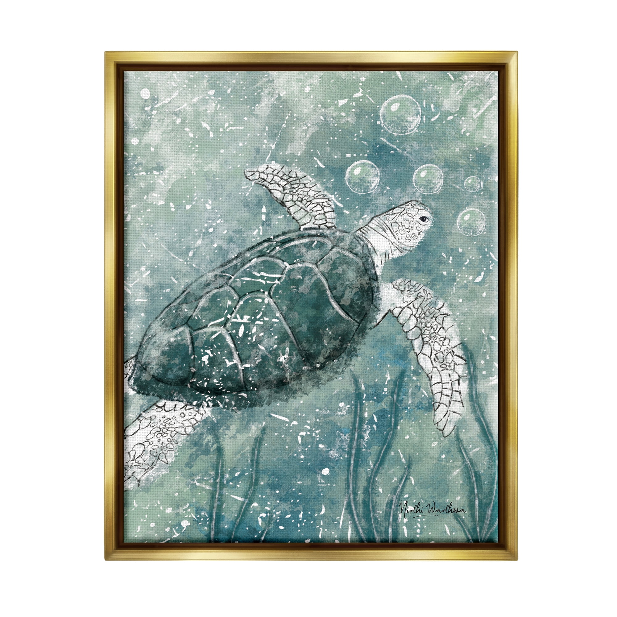 Stupell Industries Green Turtle & Bubbles Animals & Insects Painting Gold Floater Framed Art Print Wall Art, 25 x 31