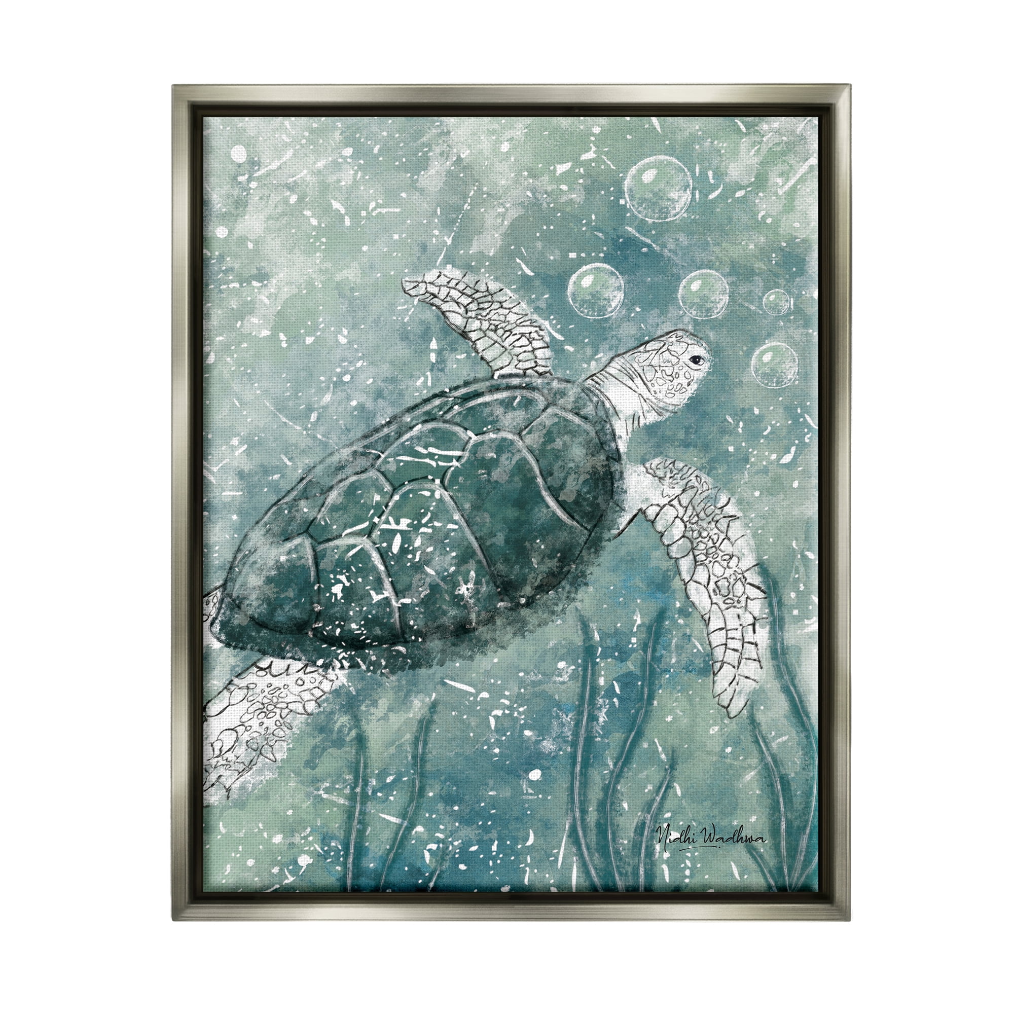Stupell Industries Green Turtle & Bubbles Animals & Insects Painting Gray Floater Framed Art Print Wall Art, 17 x 21