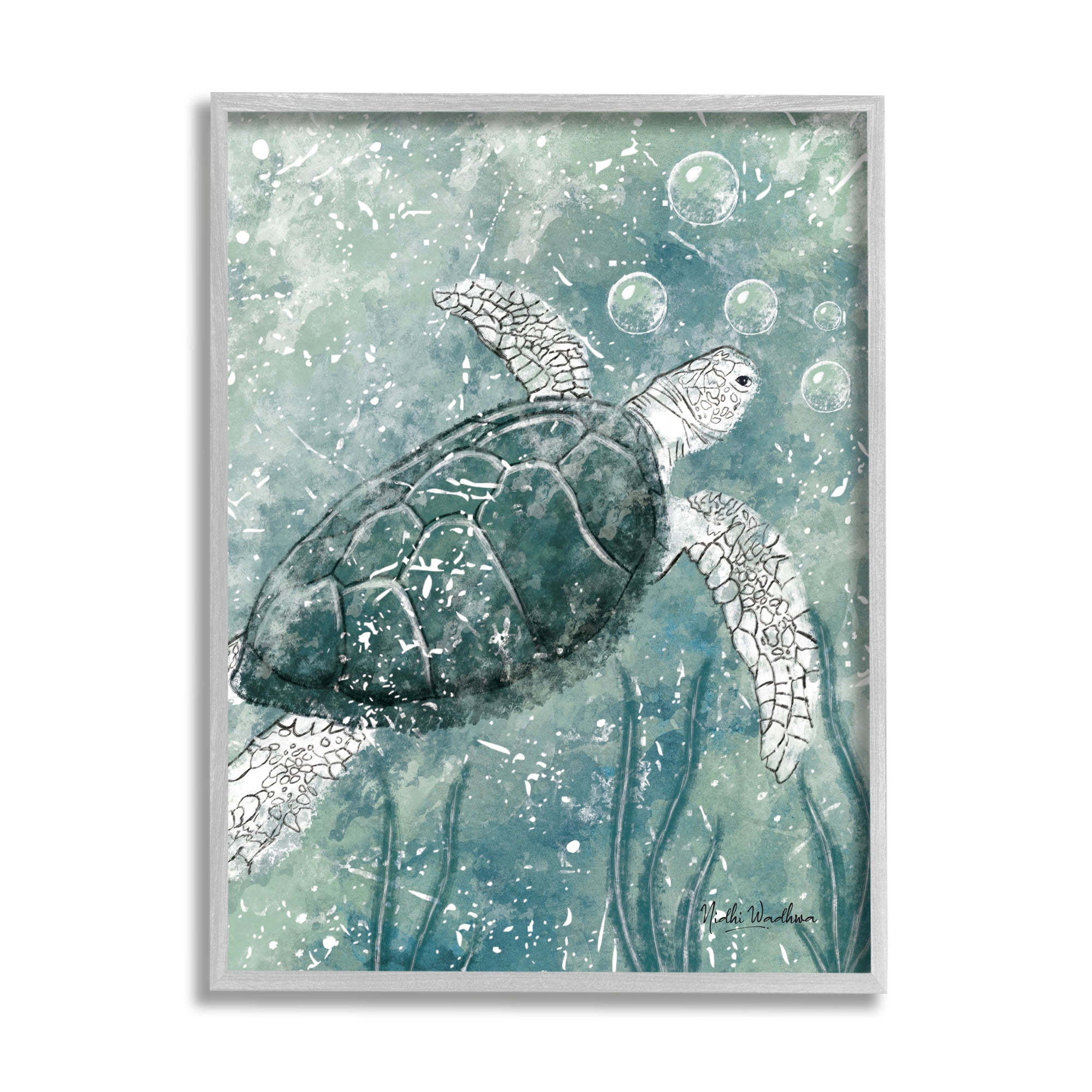 Stupell Industries Green Turtle & Bubbles Animals & Insects Painting Gray Framed Art Print Wall Art, 11 x 14