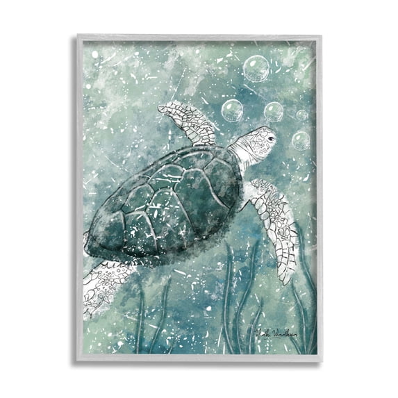 Stupell Industries Green Turtle & Bubbles Animals & Insects Painting Gray Framed Art Print Wall Art, 16 x 20