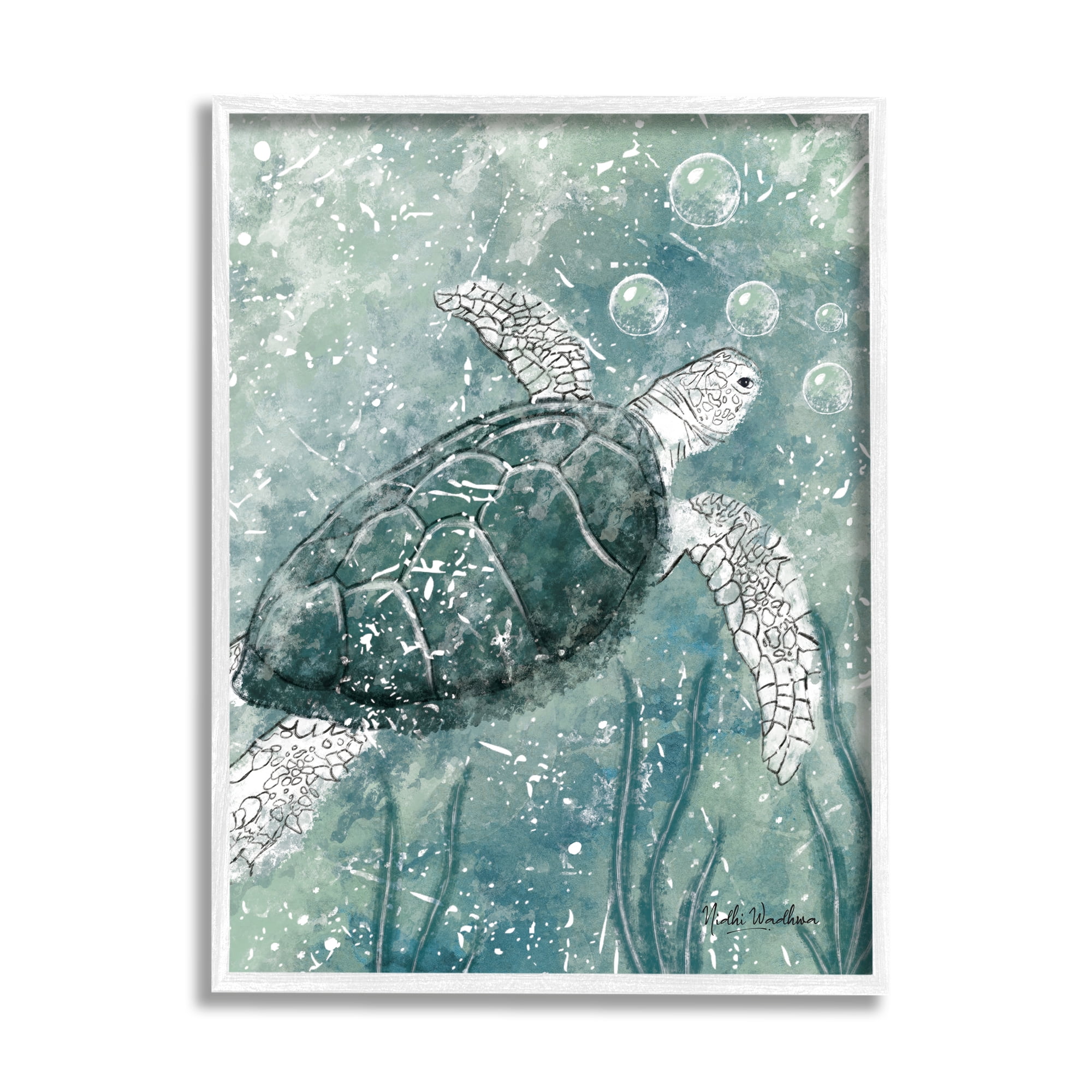 Stupell Industries Green Turtle & Bubbles Animals & Insects Painting White Framed Art Print Wall Art, 11 x 14