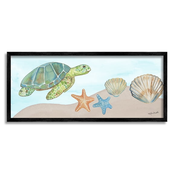 Stupell Industries Green Turtle Swimming Starfish Shells Sea Life Painting Black Framed Art Print Wall Art, Design by Katie Doucette