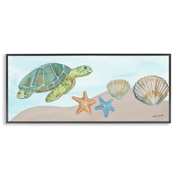 Stupell Industries Shabby Chic Green Turtle Swimming Starfish Shells Sea Life Black Framed Giclee Art, 24 x 10, by Katie Doucette